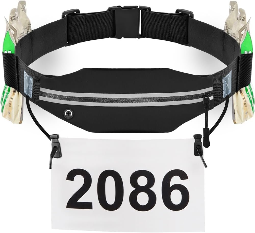 RJ-Sport Triathlon Belt with Pouch – Race Number Bib Holder with 6 Gel Loops, Ideal for Running, Cycling & Marathon (Black)