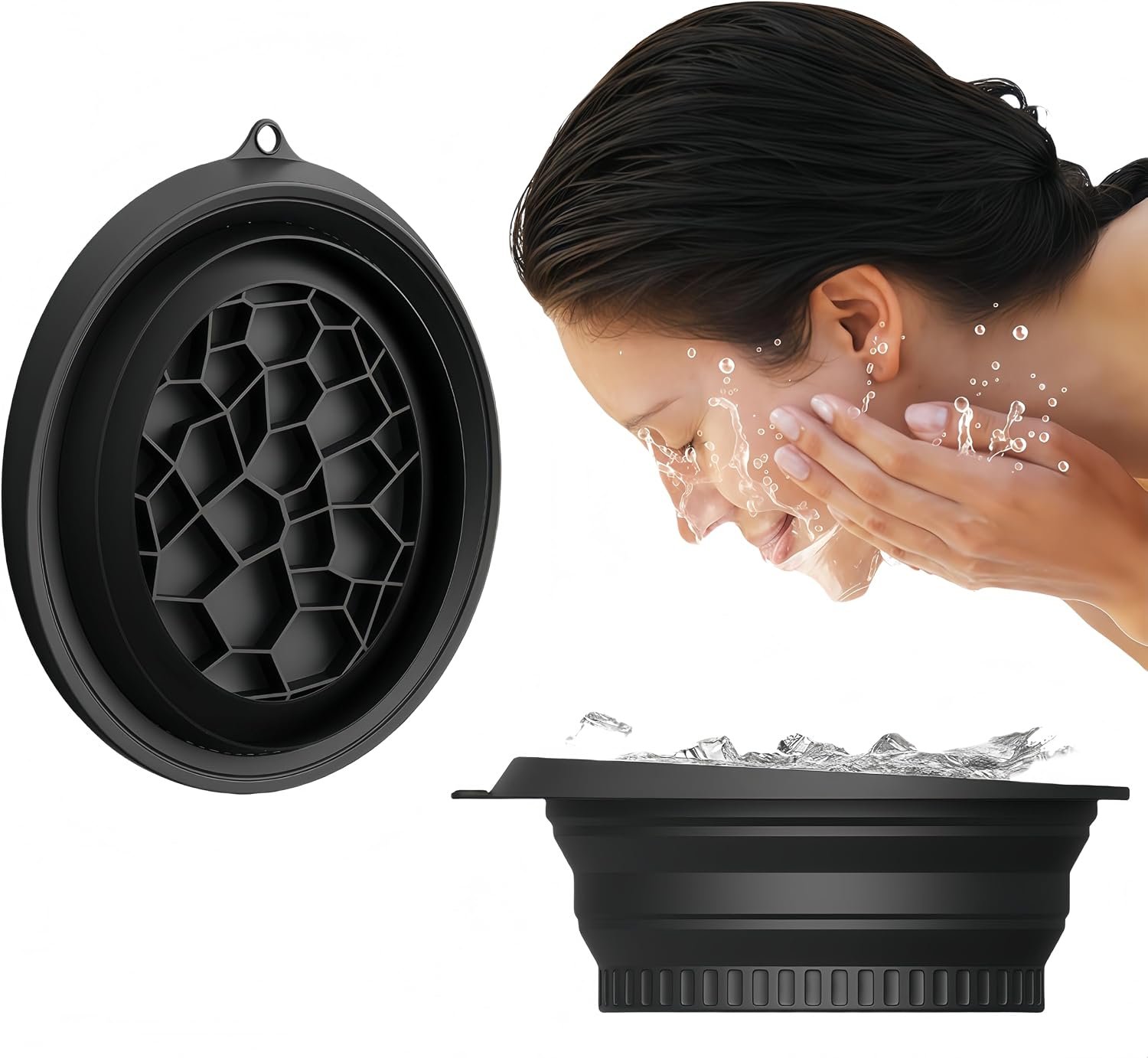 Ice Face Bowl with Built-in Ice Mold for Perfect Cubes, Foldable Food-Grade Silicone Face Ice Holder, Portable for Travel, Camping, and Facial Care with Cold Water Therapy (Black)
