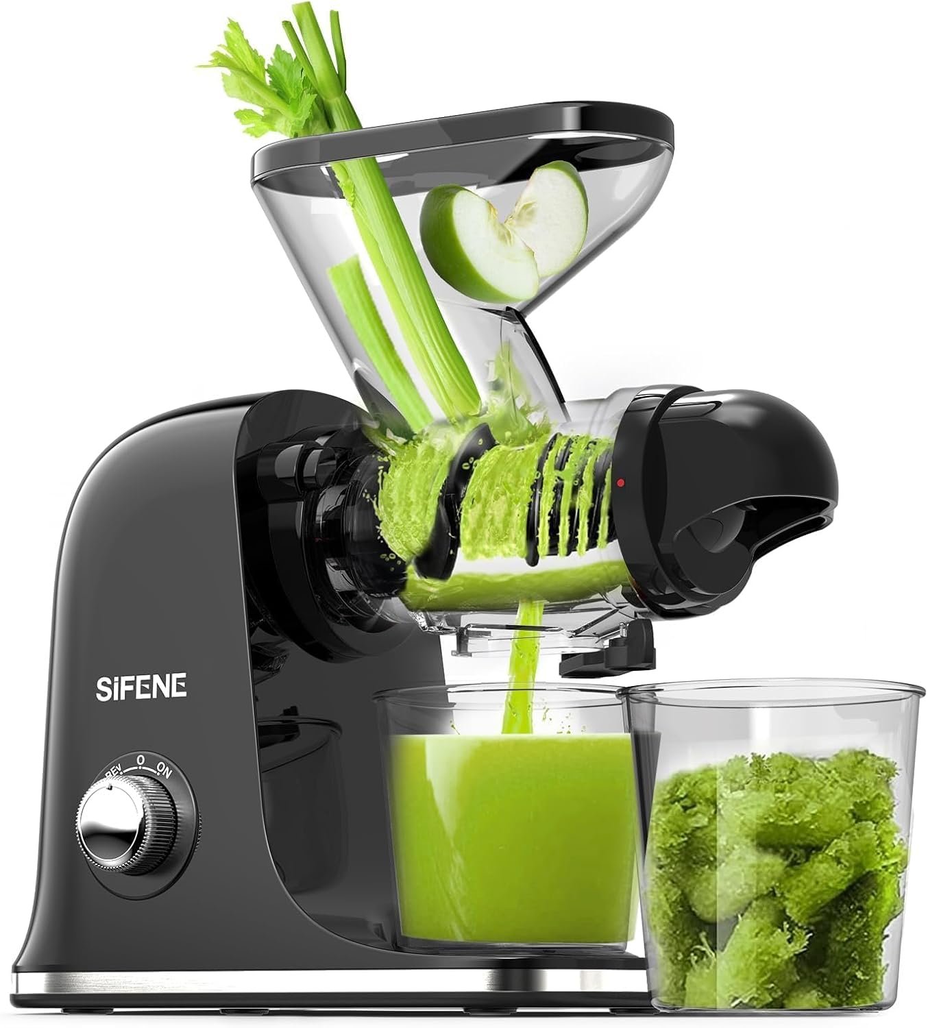 SIFENE Mini Slow Masticating Juicer, Dual Feed Chute, Quiet Motor, Black | reverse function, easy-clean removable parts, compact countertop footprint, apples, carrots and celery prep, BPA-free parts