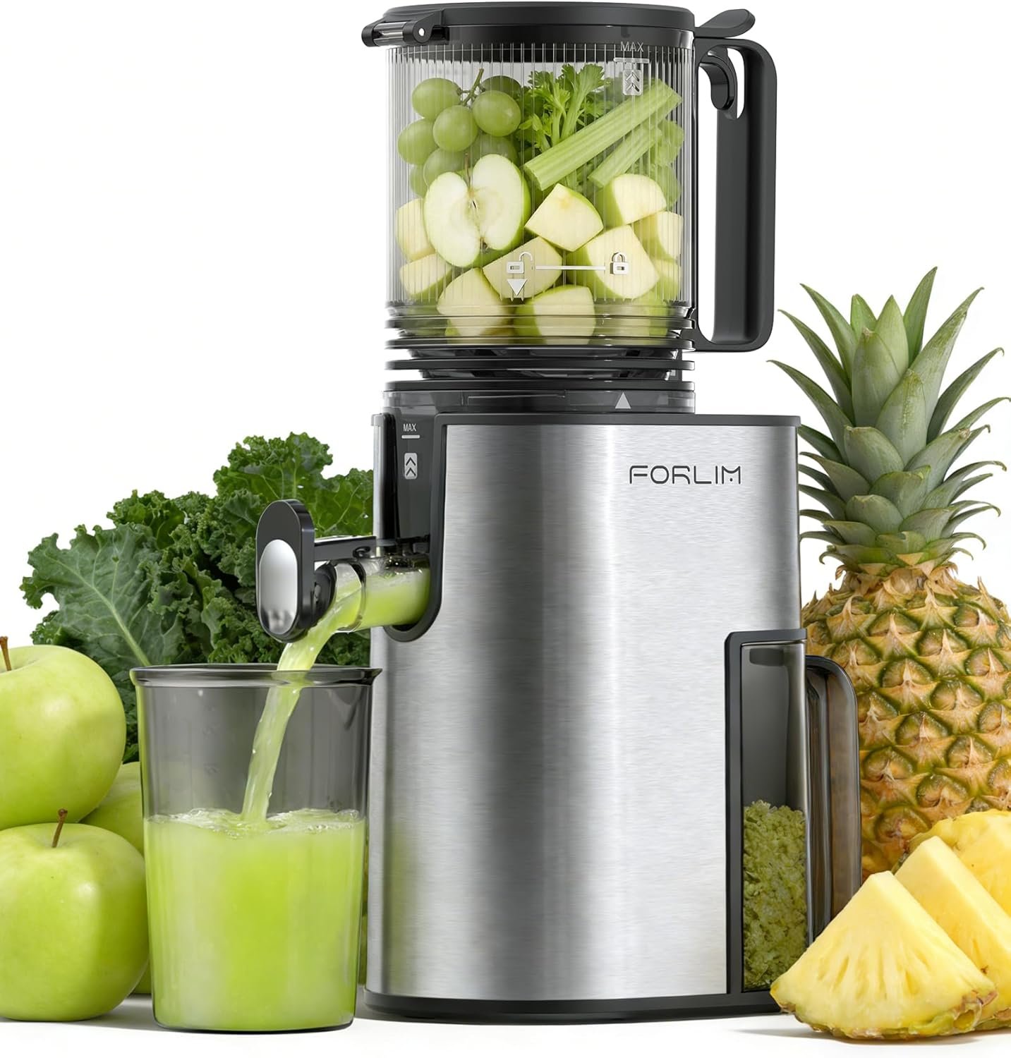 FORLIM Cold Press Juicer, 5.2″ Large Feed Chute Fits Whole Fruits, Slow Masticating Juicer Machine, Easy to Clean, High Juice Yield Juice Extractor for Fruits & Vegetables, Daily Home