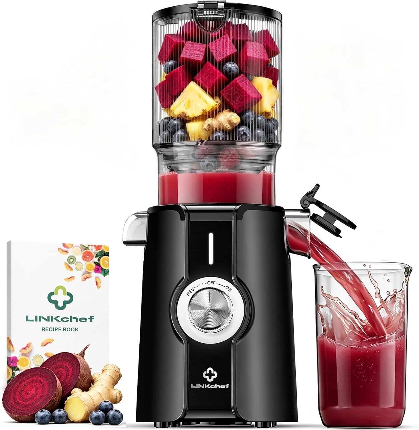 LINKChef Cold Press Juicer Machine, 4.53″ Whole Fruit Slow Masticating Juicer with Auto Cutting, 200W Quiet Motor & High Juice Yield, Easy Clean Compact Juicer Extractor with Recipe Guide