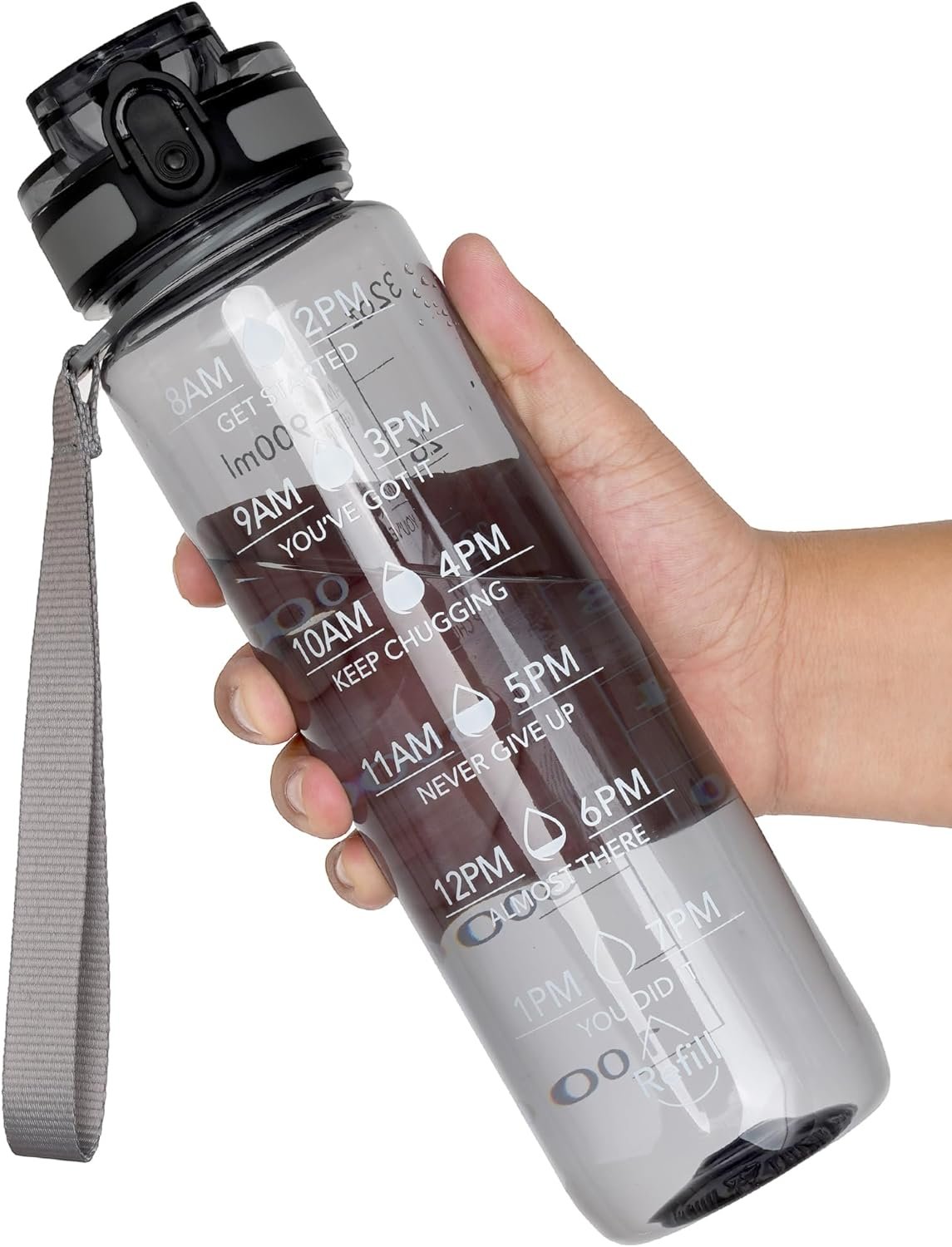 OLDLEY Water Bottle, 32oz Motivational Sports Water Bottle with Time Marker – Times to Drink – Tritan, BPA Free, Wide Mouth Leakproof,Anniversary Birthday Gifts for Men Women,Smoke Grey (1 Bottle)