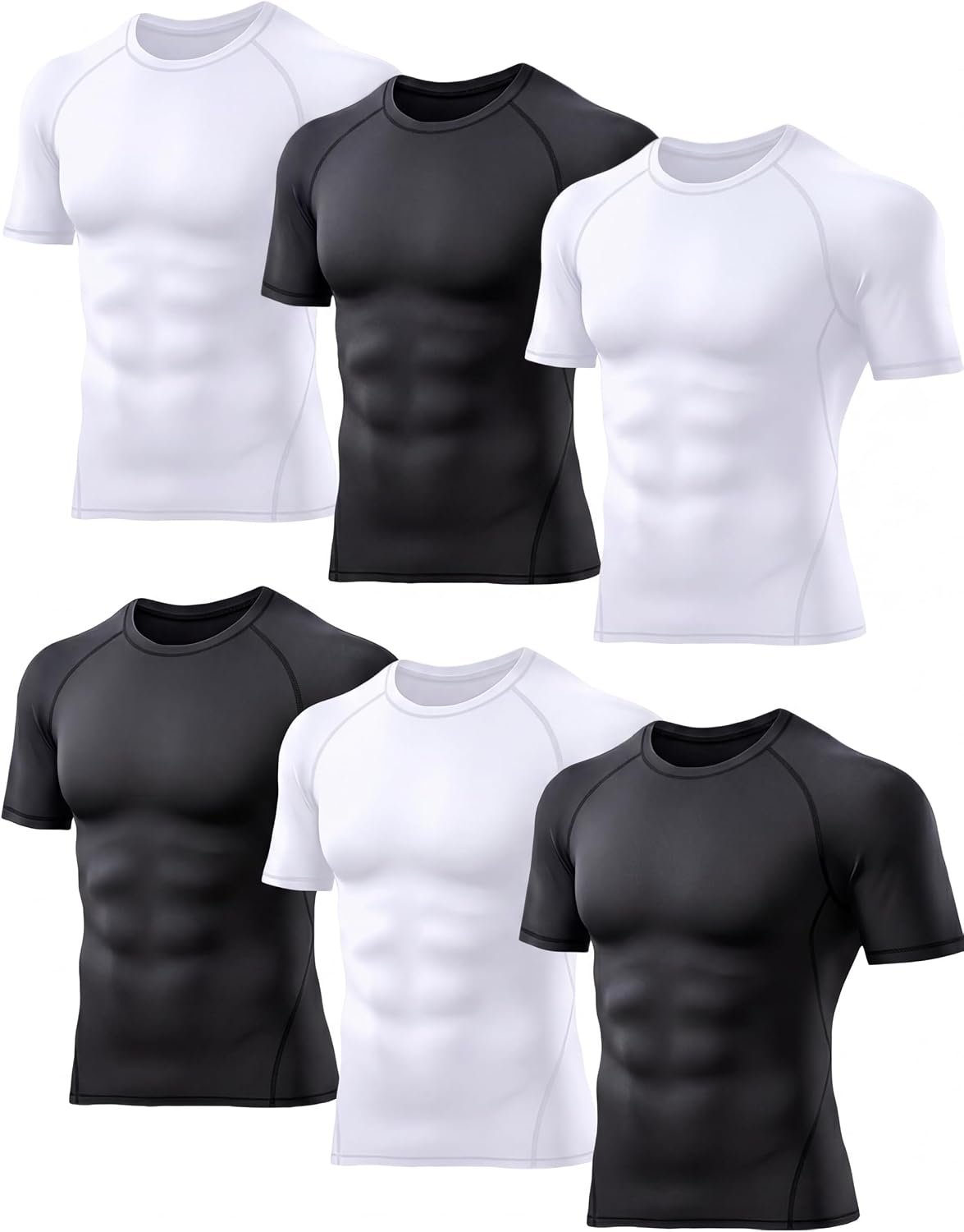 TELALEO 6 Pack Men’s Compression Shirt Short Sleeve Athletic Baselayer Sports T Shirts Workout Tops for Men Black White