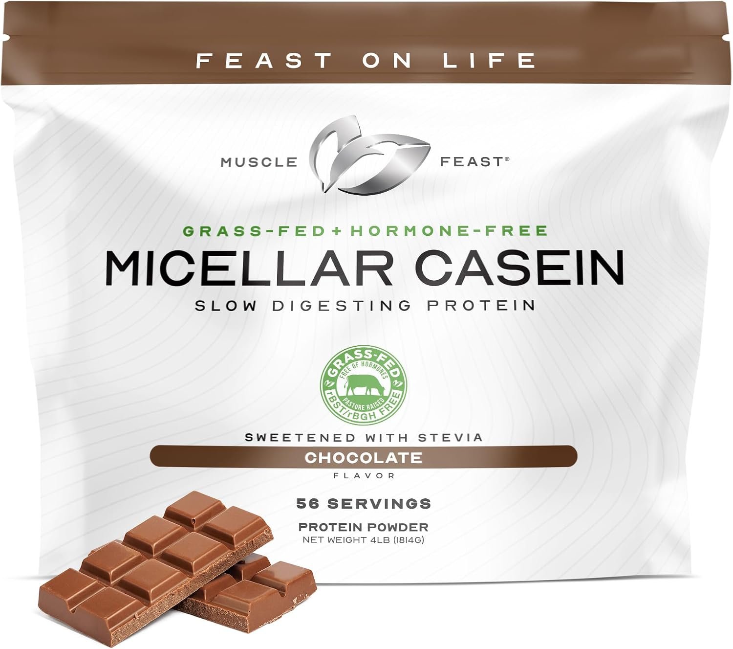 Muscle Feast Grass Fed Micellar Casein Protein Powder, Pasture Raised & Hormone Free, Slow Digesting Casein Protein – Supports Overnight Muscle Recovery, Gluten Free Protein Powder – Chocolate, 4lb