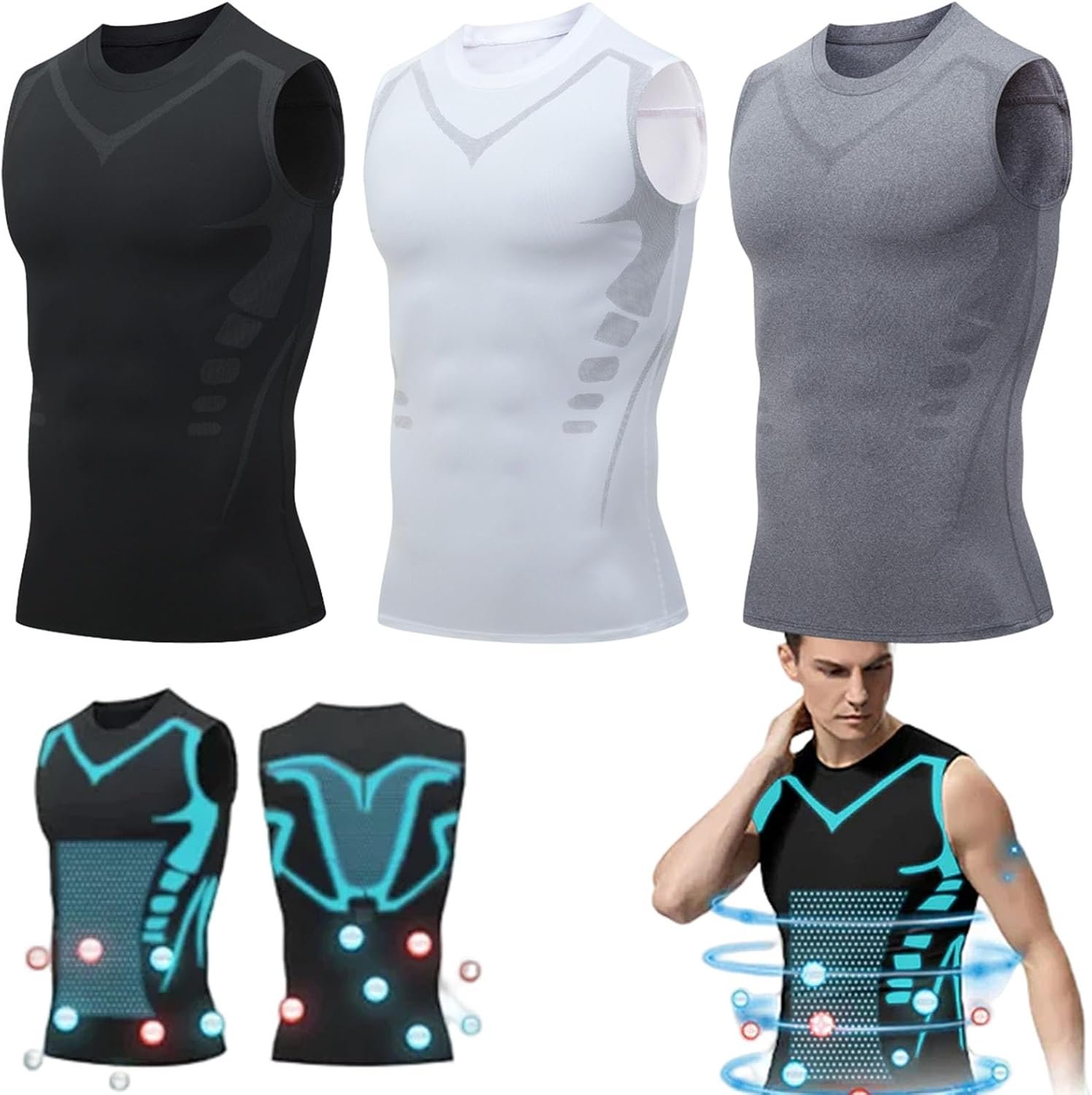 3PCS Compression Shirt, Shapewear Vest Version Ionic Shaping Sleeveless Shirt Men Comfortable Breathable