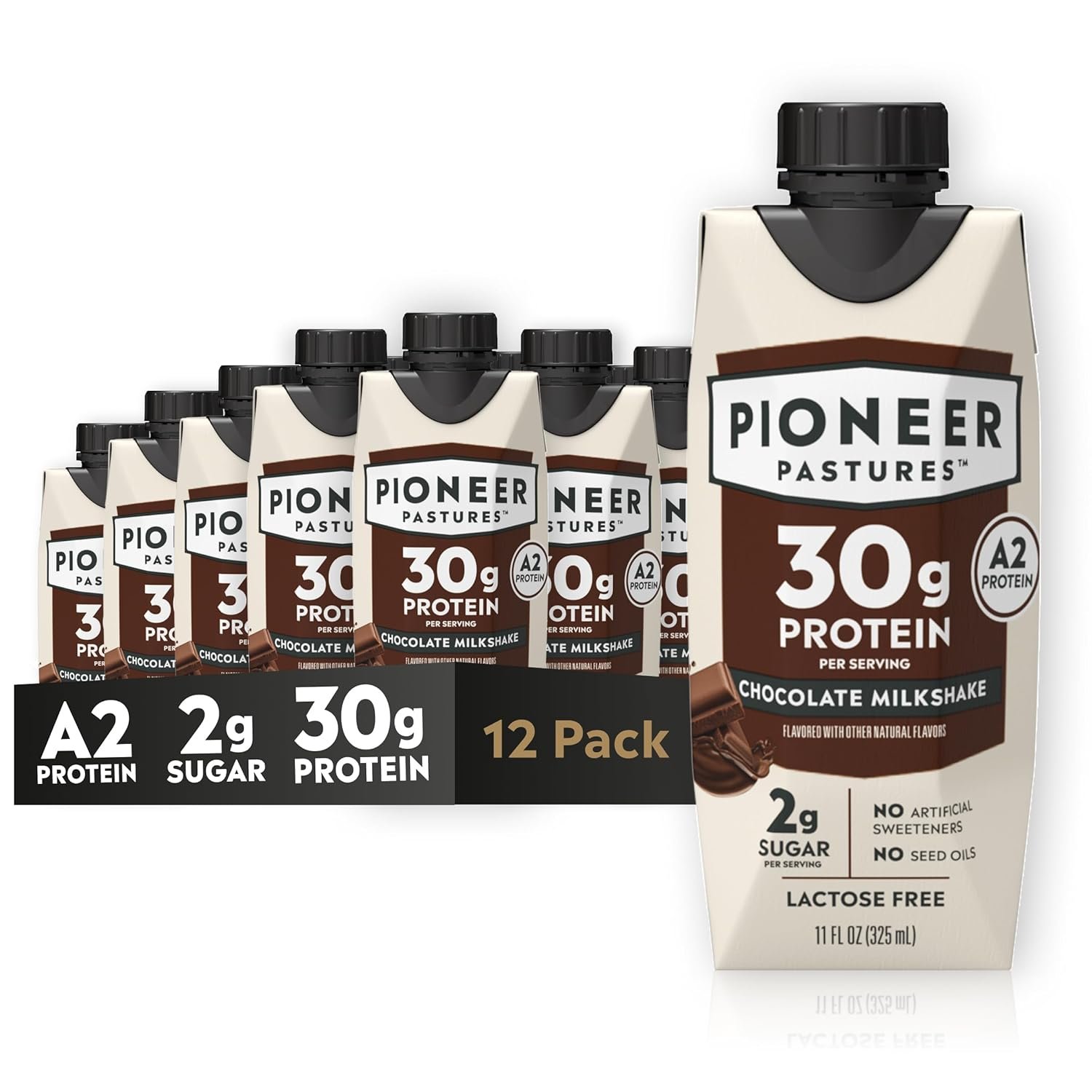 Pioneer Pastures High Protein A2 Milkshakes, Chocolate, 11oz, 12 Pack | A2 Nutritional Milk, 30g Protein, 2g Sugar, No Artificial Sweeteners, No Seed Oils