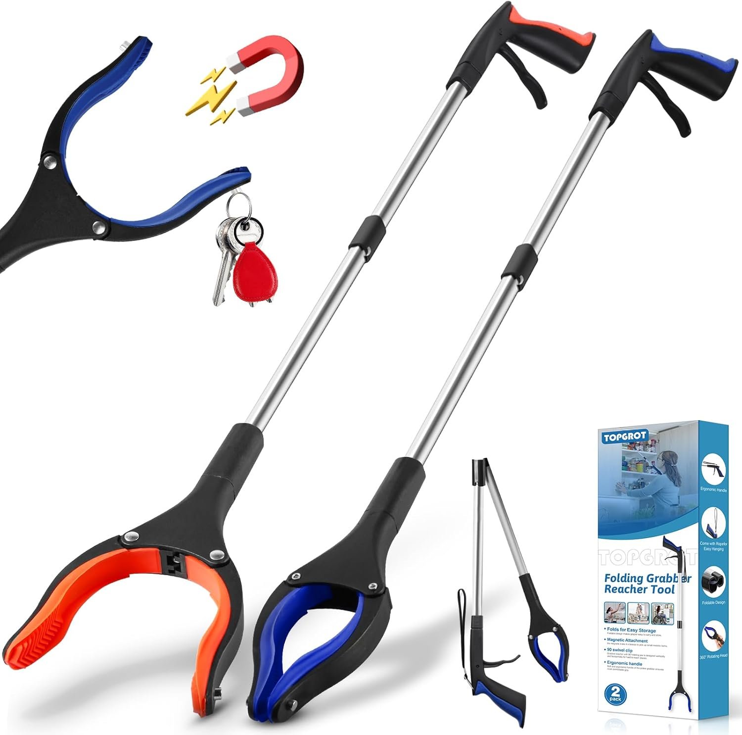 2-Pack Grabber Reacher Tool, 34″ Foldable Reacher Grabber Pickup Tool with 90° Anti-Slip Rotating Jaw & Magnets, 4″ Wide Claw Opening Reachers for Seniors, Trash Picker Tool