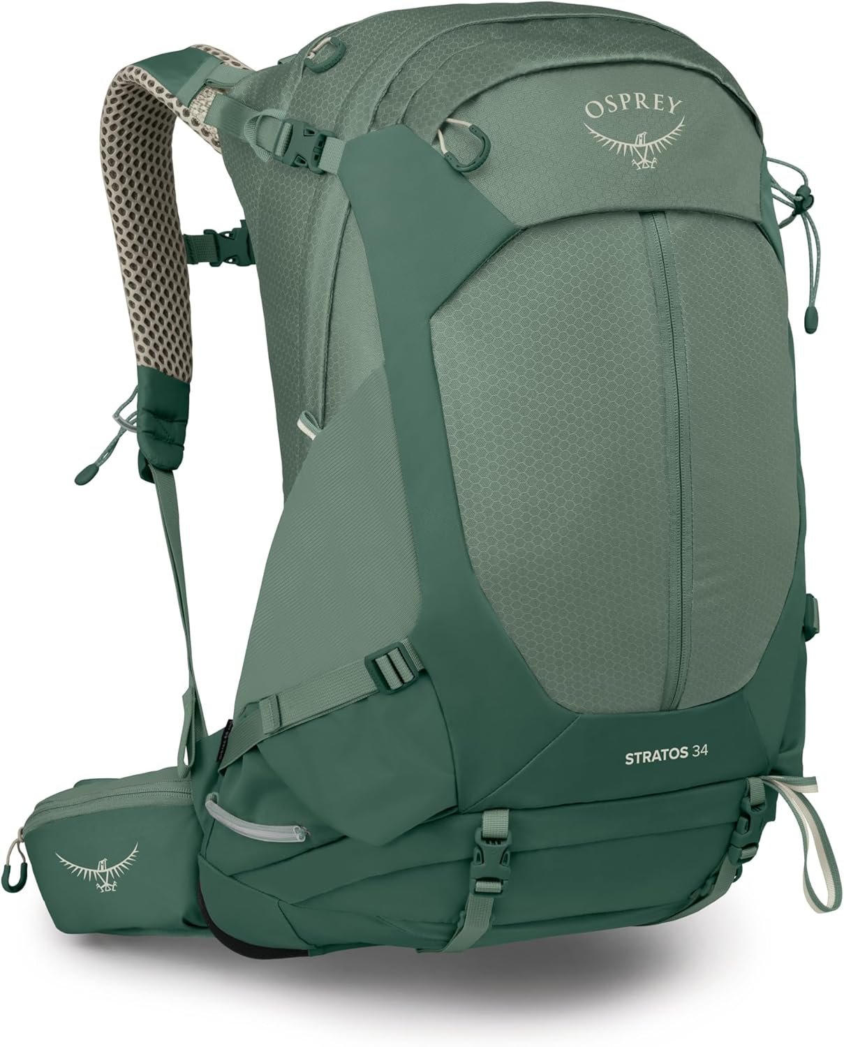 Osprey Stratos 34L Men’s Hiking Backpack – Camping Bag with Waterproof Raincover, Bottle Pockets, & Gear Straps, Pine Leaf