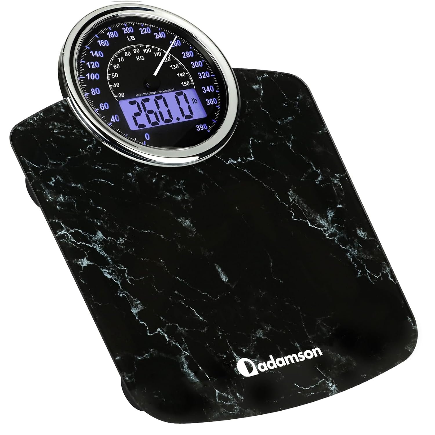 Hybrid Bathroom Scale – Analog & Digital Display, Accurate to 400 lbs | See weight on both an analog dial and digital LCD at once. Wide glass platform, accurate to 0.2 lbs, batteries included.