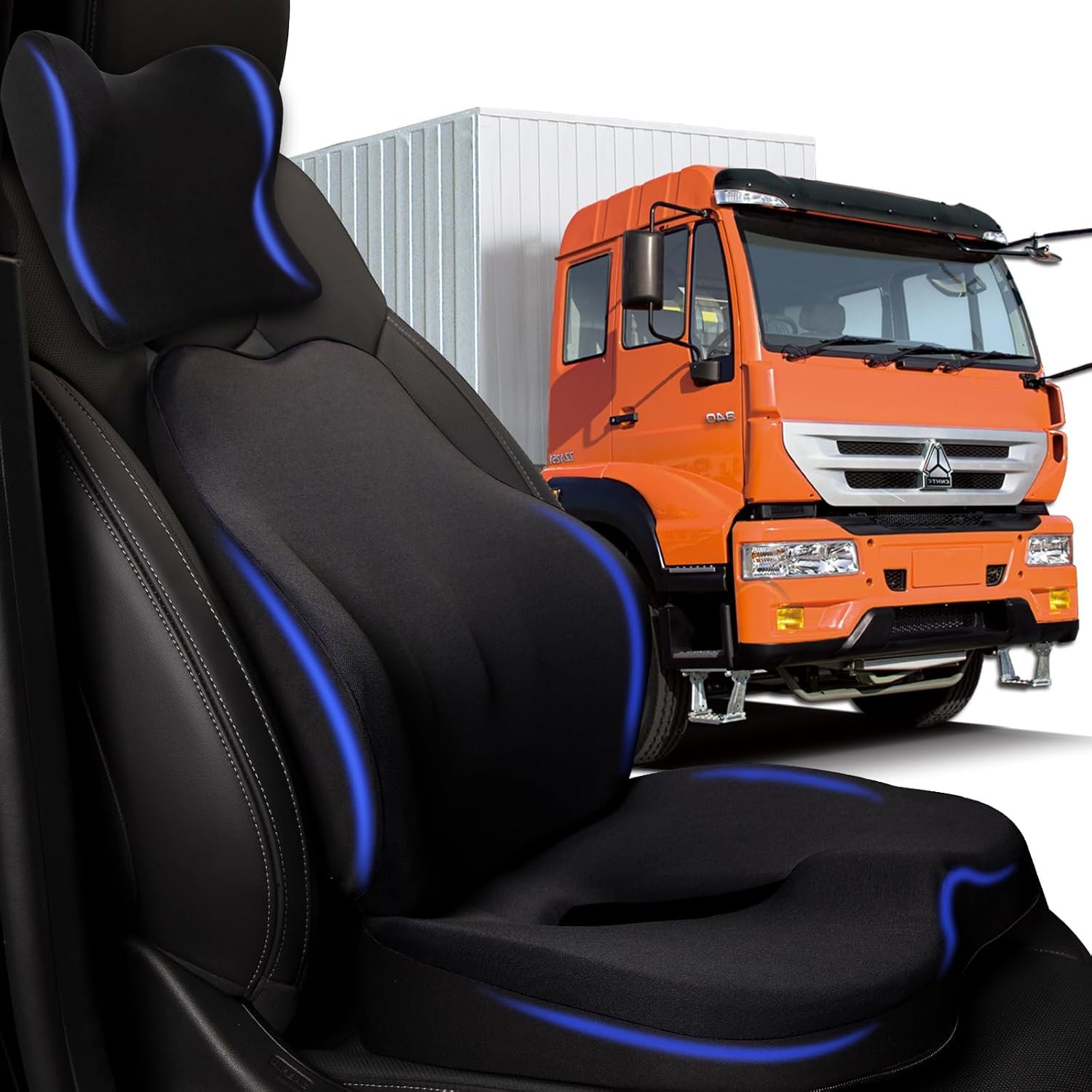 MINUPWELL Truck Seat Cushion, 3PC 100% Memory Foam Seat Cushion for Truck Driver, with Back Support, Semi Truck Accessories for Men Seat – 18×14.5×3.5in, Lumbar Cushion-16.5×15.4×5