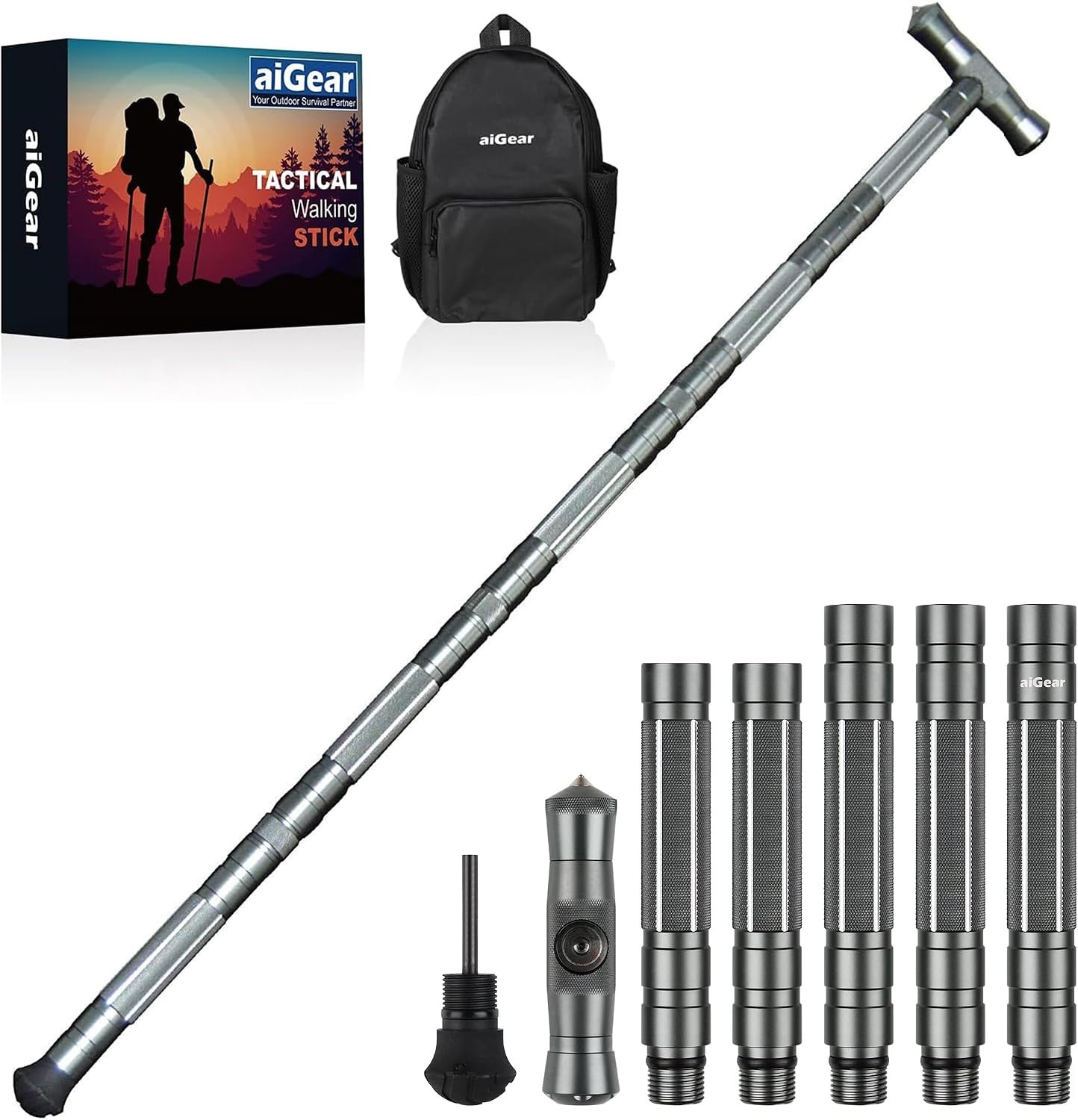 aiGear G2 Tactical Hiking Stick, 5-Section Heavy Duty Walking Staff for Men Women, Aerospace-Grade Aluminum Alloy Trekking Poles with Integrated Survival Kit for Camping Wading Outdoor Gear Gray