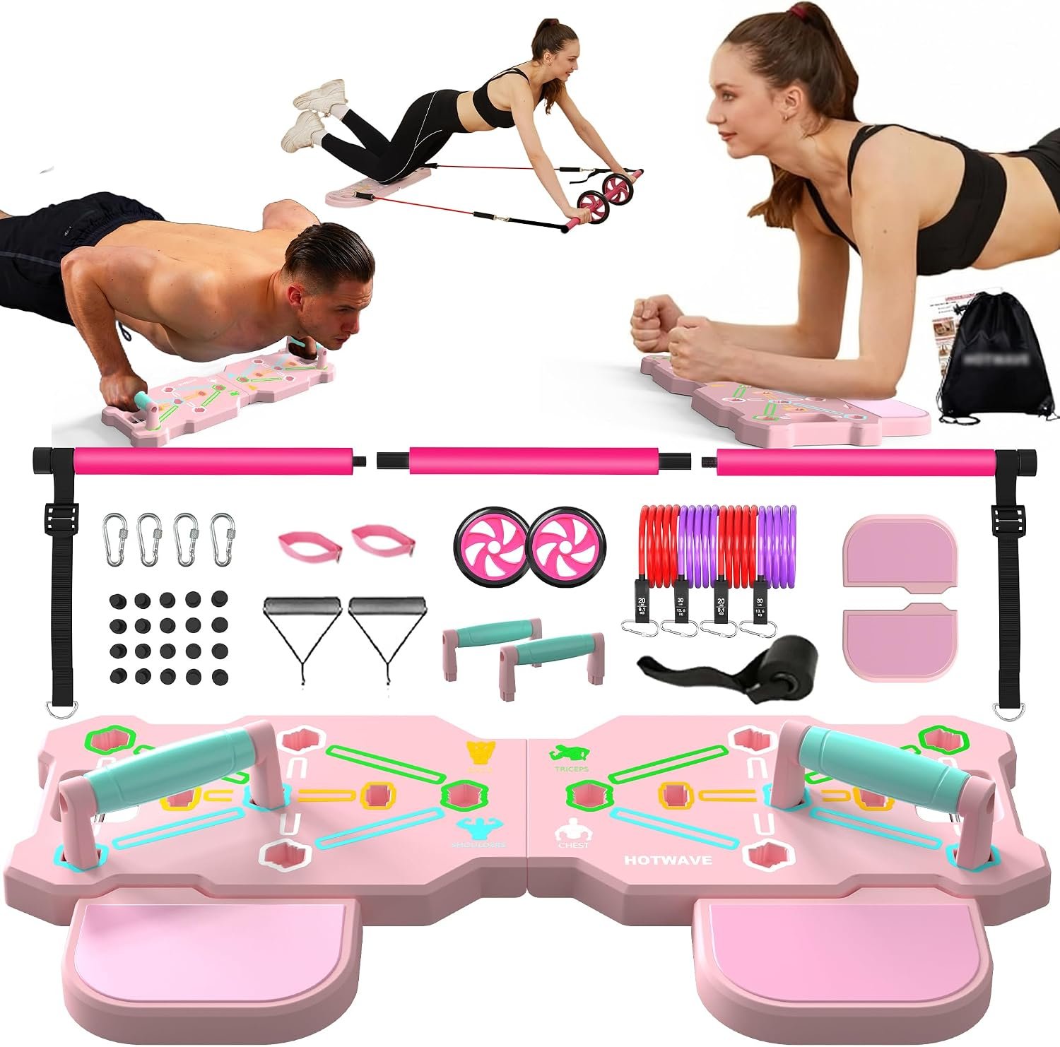 HOTWAVE Portable Workout Equipment with 20 Gym Accessories, Push Up Board & Plank Trainer, Resistance Bands with Ab Wheel, Exercise at Home for Men and Women