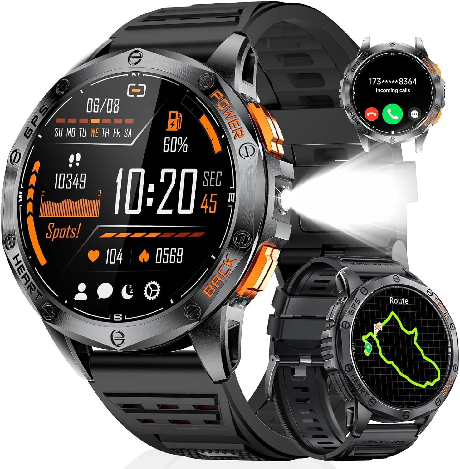 LIGE GPS Smart Watch for Men, 1.43” AMOLED Always on Display, LED Flashlight/Compass/45 Days Battery/IP68 Waterproof Smartwatch, 100+ Sport Mode, Rugged Smart Watches for Android iOS, Black Orange