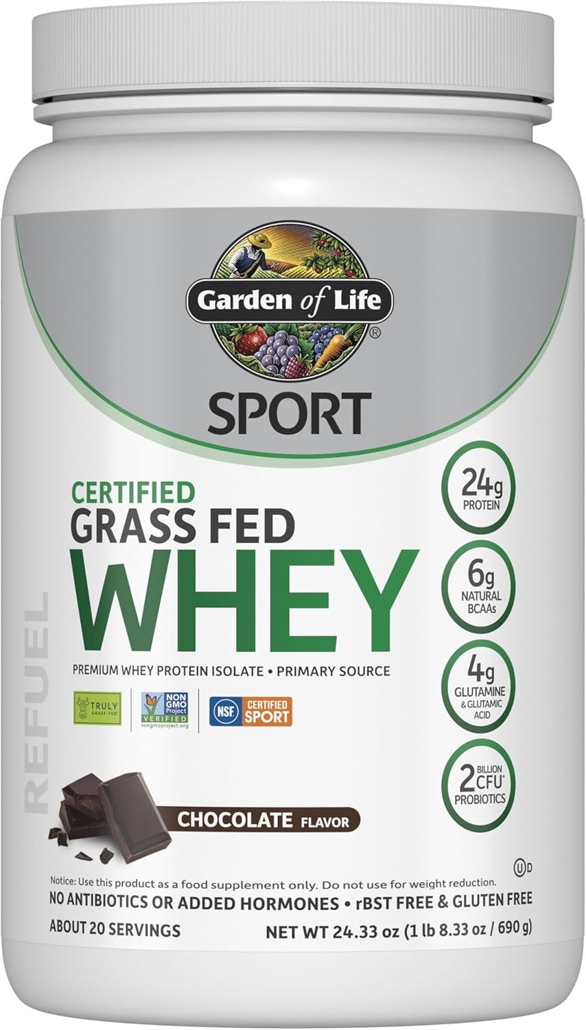 Garden of Life SPORT Grass Fed Whey Protein Powder – 24g Whey Protein Isolate for Women & Men with Probiotics & Glutamine, Non-GMO, Gluten-Free, Cold-Processed, Chocolate Flavor, 20 Servings