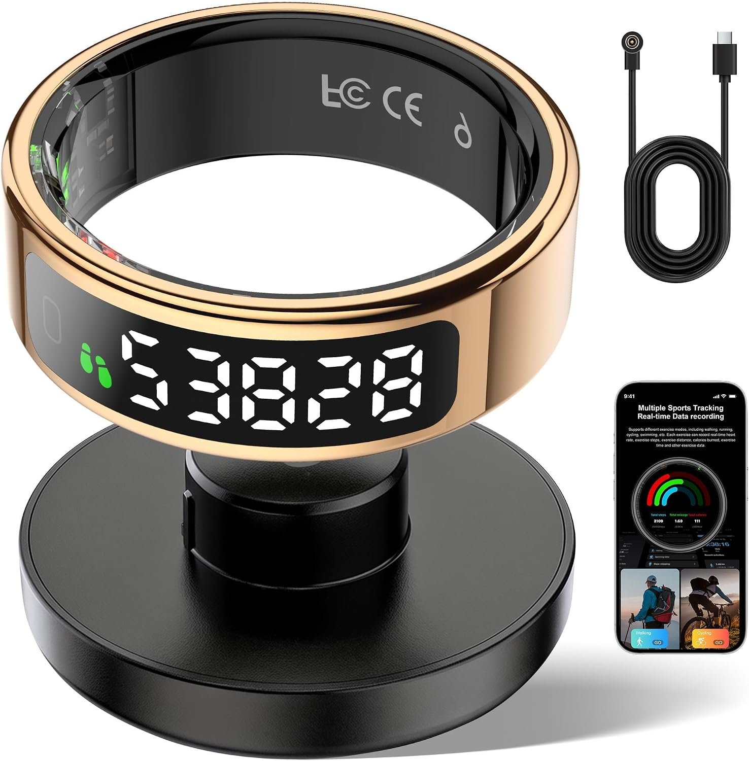 Smart Ring Fitness Tracker for Men Women – Ring with Touchscreen Display for Activity, Sleep & Heart Rate Tracking, Step Counter, Remote Phone Control, IP68 Water Resistant, 7-Day Battery (Gold, 10)