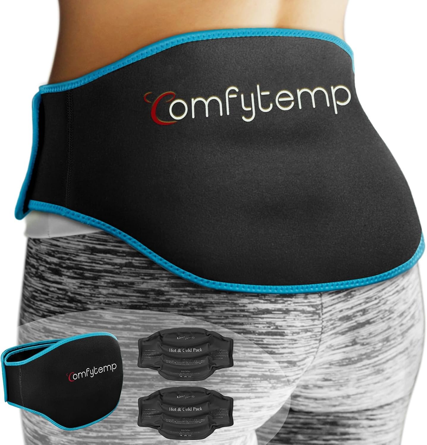 Comfytemp Ice Pack for Back Pain Relief, 2 Pcs, Sciatica Ease Brace, Reusable Gel Lower Back Ice Wrap for Injuries, Hot Cold Compress for Lower Lumbar, Waist, Men Women After Surgery (Black)