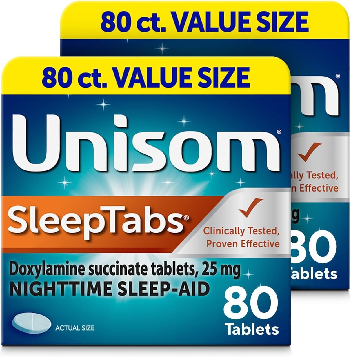 Unisom SleepTabs Nighttime Sleep Aid Tablets for Adults, Doxylamine Succinate 25mg, Non-Habit-Forming Sleep Medicine for Relief from Occasional Sleeplessness, 80 Count (2 Pack)