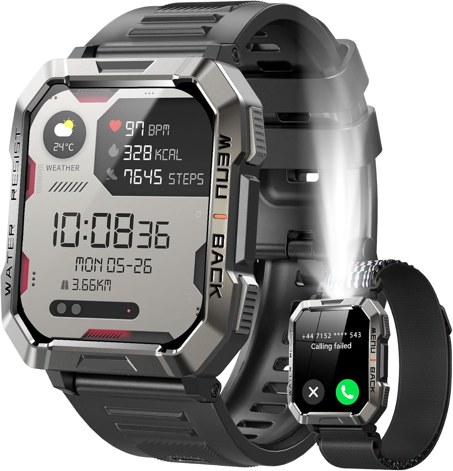 Military Smart Watch for Men (Answer/Make Calls), 2.01” Smart Watch for Android and iPhone, Fitness Tracker with Flashlight/Compass/100 Days Battery/Heart Rate/Sleep/100+ Sport Modes(2 Straps)