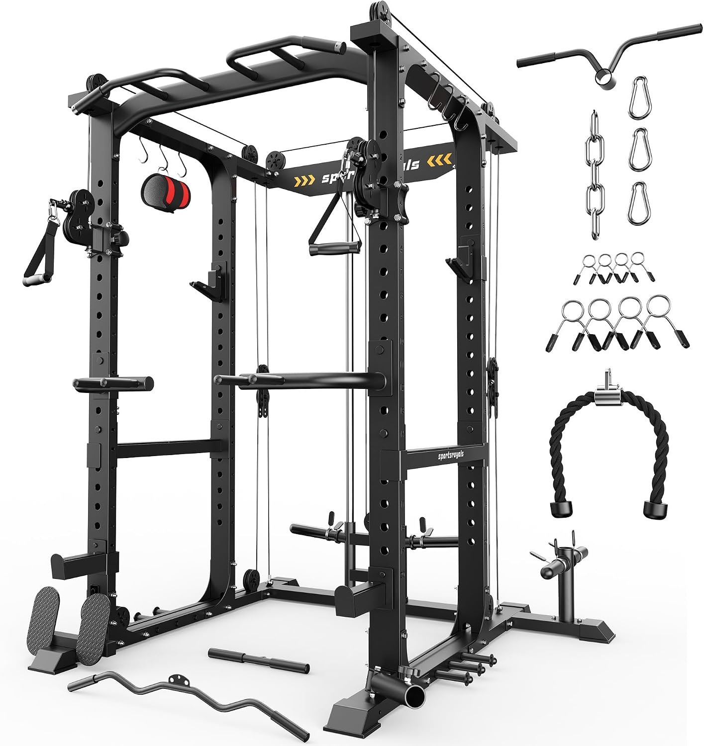 Sportsroyals Power Cage, Multi-Functional Squat Rack, Power Rack with Pulley System & LAT Pull Down, Workout Cage with J Hooks for Home Gym