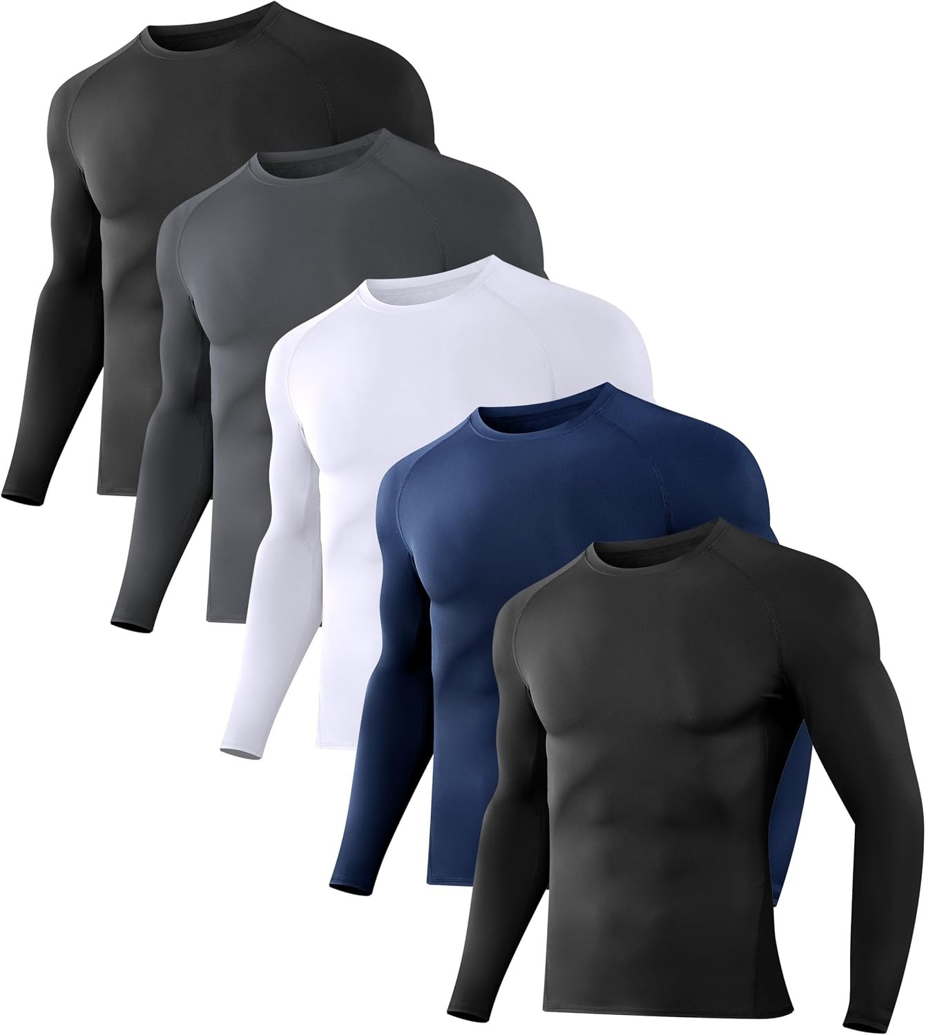 Dalavch 5 Pack Men’s Compression Shirts Long Sleeve Athletic Workout Rash Guard Gym Active Sports Undershirt Base Layer Top