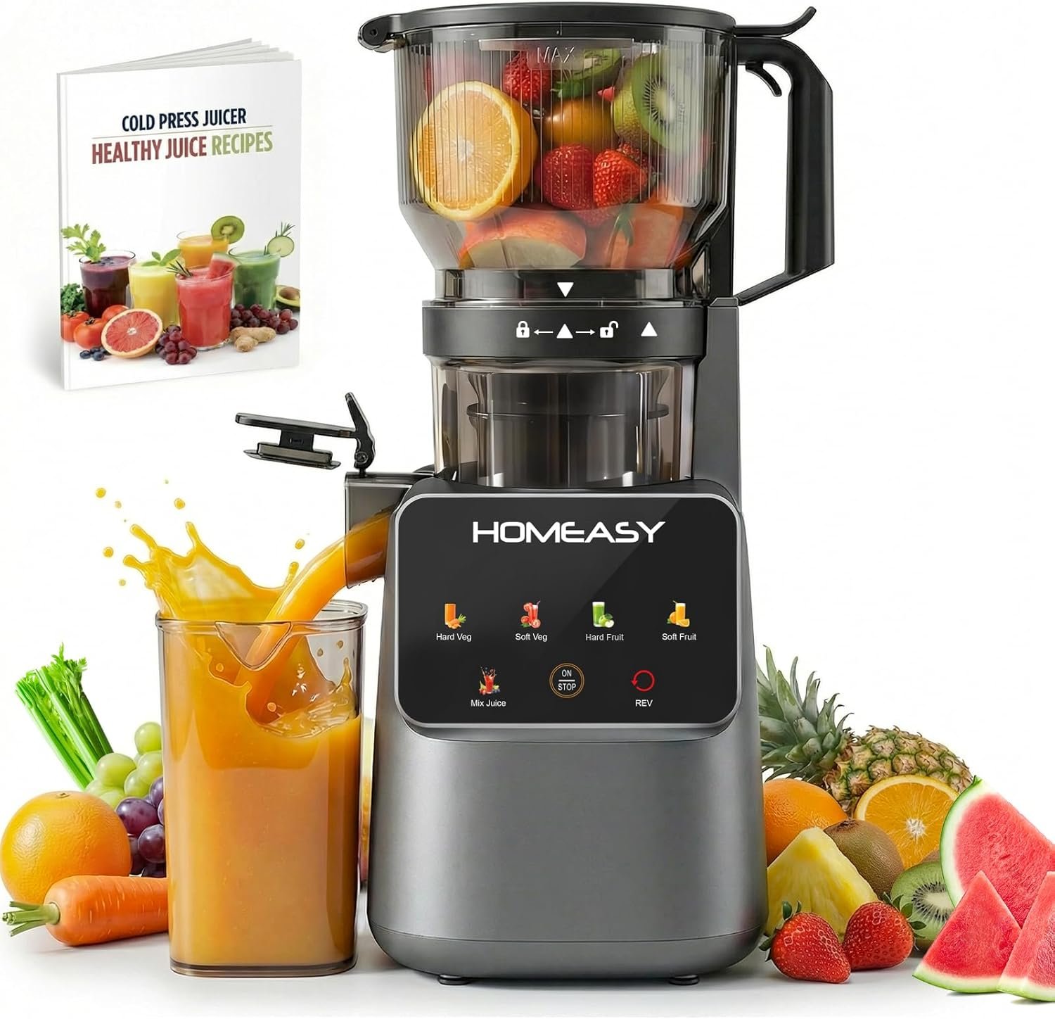 HOMEASY Cold Press Juicer Machines, 5.8” Large Feed Chute for Whole Fruits and Vegetables, 300W Slow Masticating Juicer, High Juice Yield, 5 Smart Modes, Easy to Clean