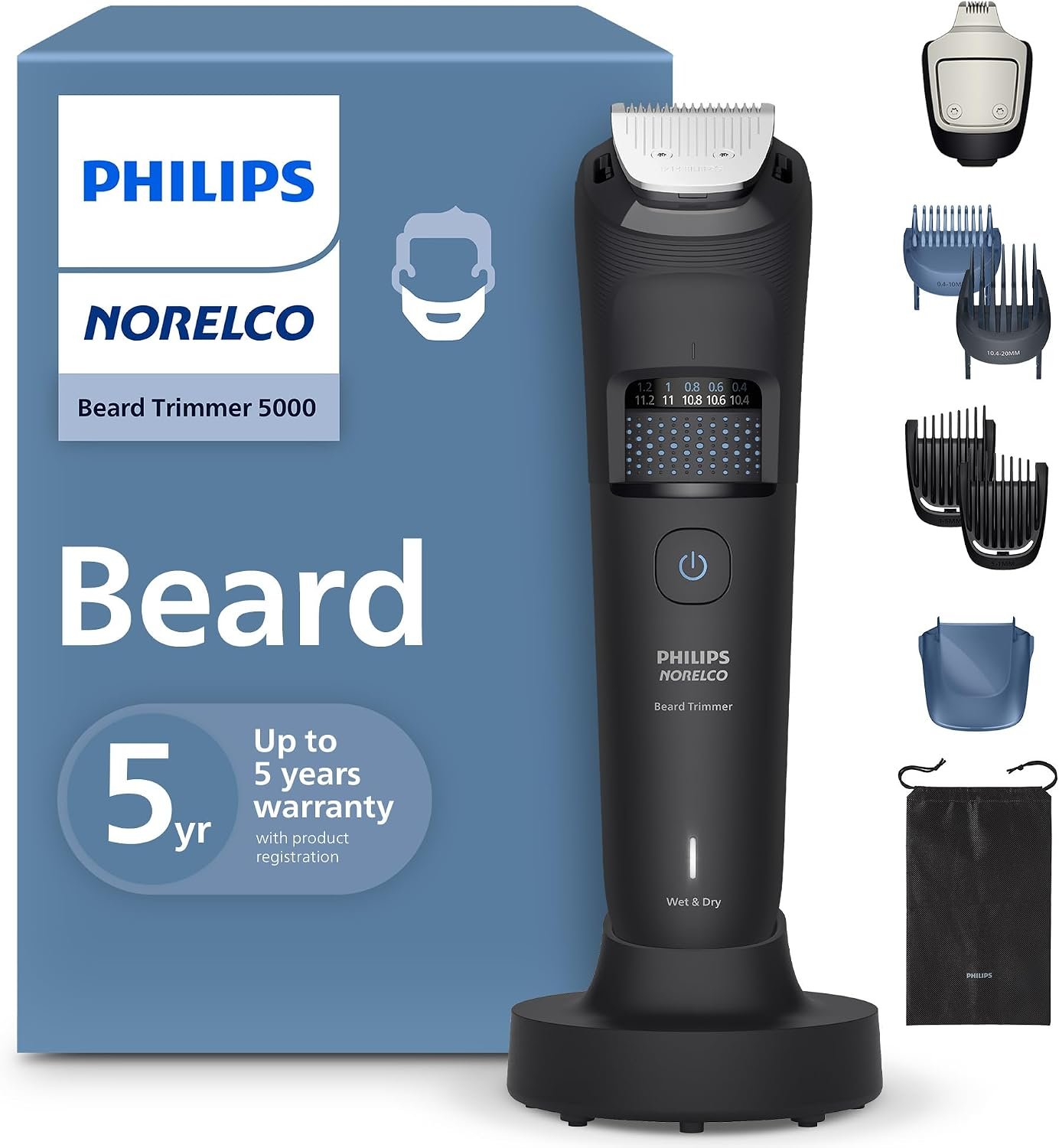 Norelco Philips Beard Trimmer 5000 Series, Men’s Face Trimmer, 100% Waterproof BeardSense Tech, Precision Trimmer with Fading Combs, Self-Sharpening Blades, Hair Collector & Charging Stand, BT5785/40