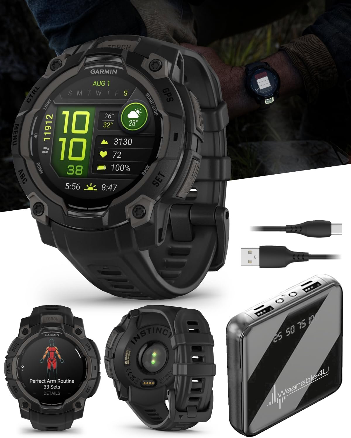 Garmin Instinct 3 45mm, AMOLED Display, Rugged Outdoor GPS Smartwatch, Metal-Reinforced Bezel, Built-in Flashlight, Up to 18 Days of Battery Life, Black Bundle