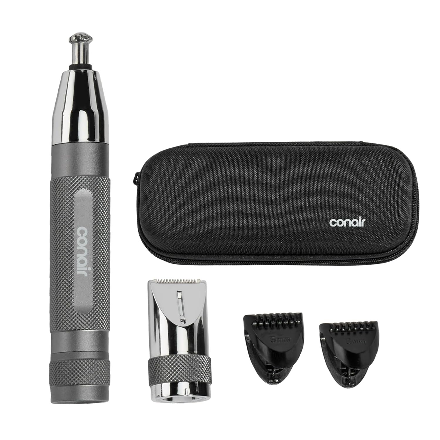 Conair Cordless Nose Ear and Eyebrow Trimmer Grooming Kit | 5-Piece Metal Grooming Kit with Patented 360° Bevel Blade for Safe Trimming, Metallic, PG7500R