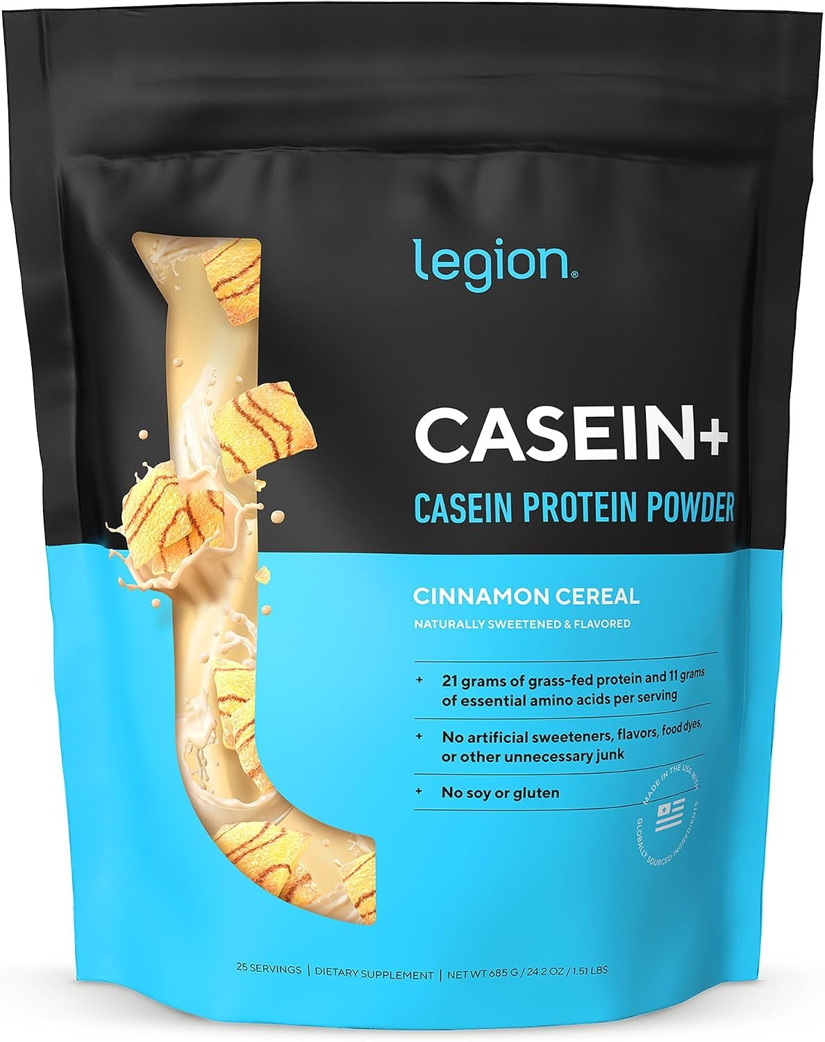LEGION Casein+ Casein Protein Powder (Cinnamon Cereal) – Slow-Release Micellar Protein Powder – Non-GMO, Gluten-Free & Naturally SweetenedPowder from Grass-Fed Cows