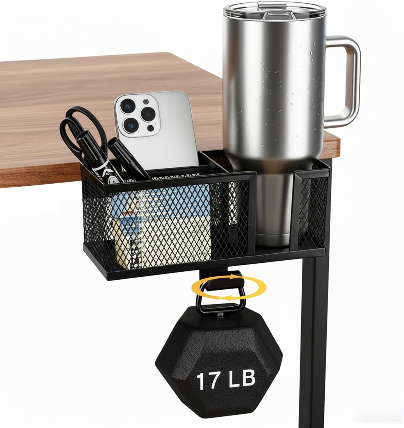 4 in 1 Metal Clip On Cup Holder Attachment for Gaming Desk or Table, Fits up to 40oz Cups, Sturdy and Easy to Clamp, Attachable Anti-Spill Cup Holder for Chair, Bedside, Bottles, Drinks – Black
