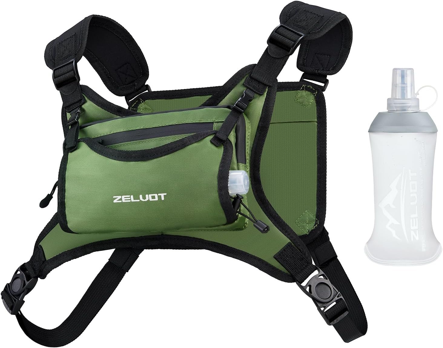 Zelvot Chest Pack with 350ml Soft Flask, Lightweight Adjustable Running Vest with 4 Pockets, Reflective Chest Bag for Women Men for Trail Running, Hiking, Cycling, Marathons(Olive, M/L)