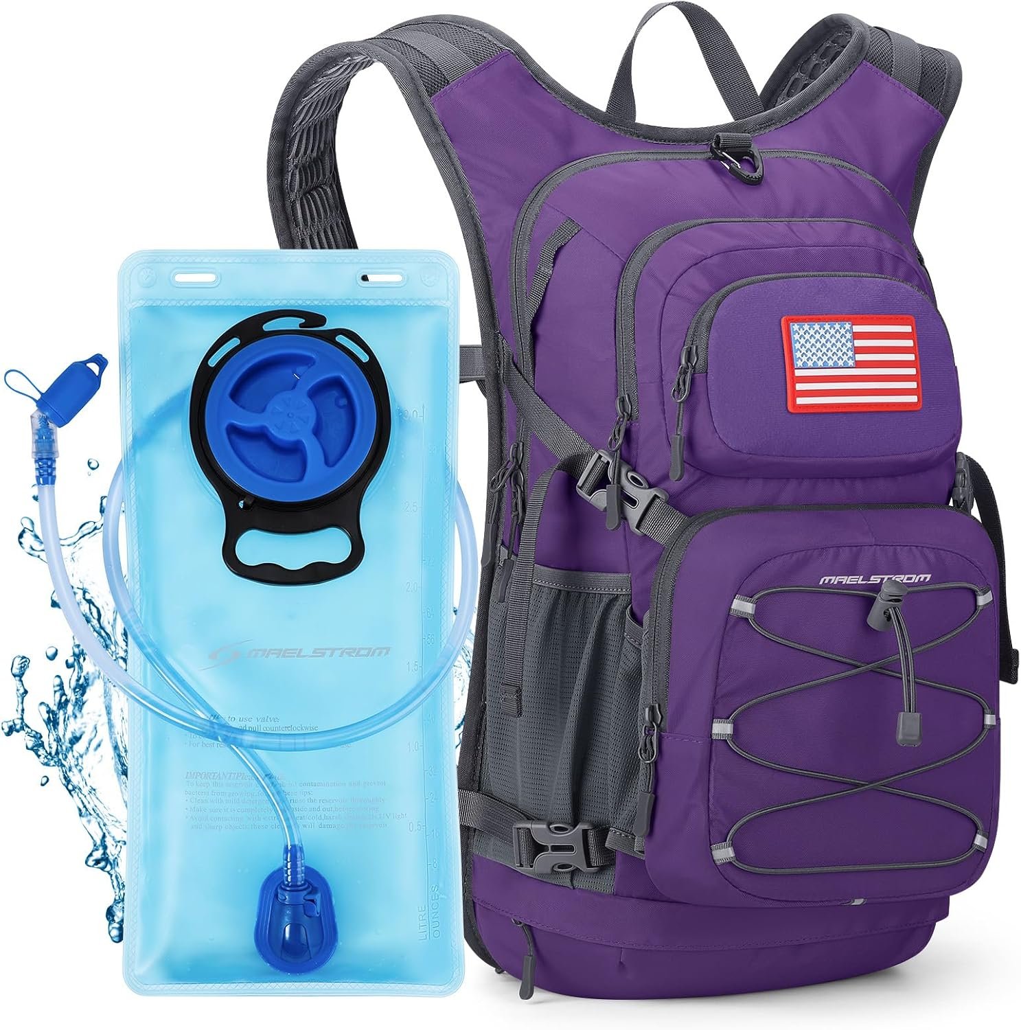 Maelstrom Hydration Hiking Backpack with 2L/3L Water Bladder, High Flow Bite Valve Water Backpack for Men Women Lightweight Insulation for Hiking, Cycling, Running, Climbing, Camping