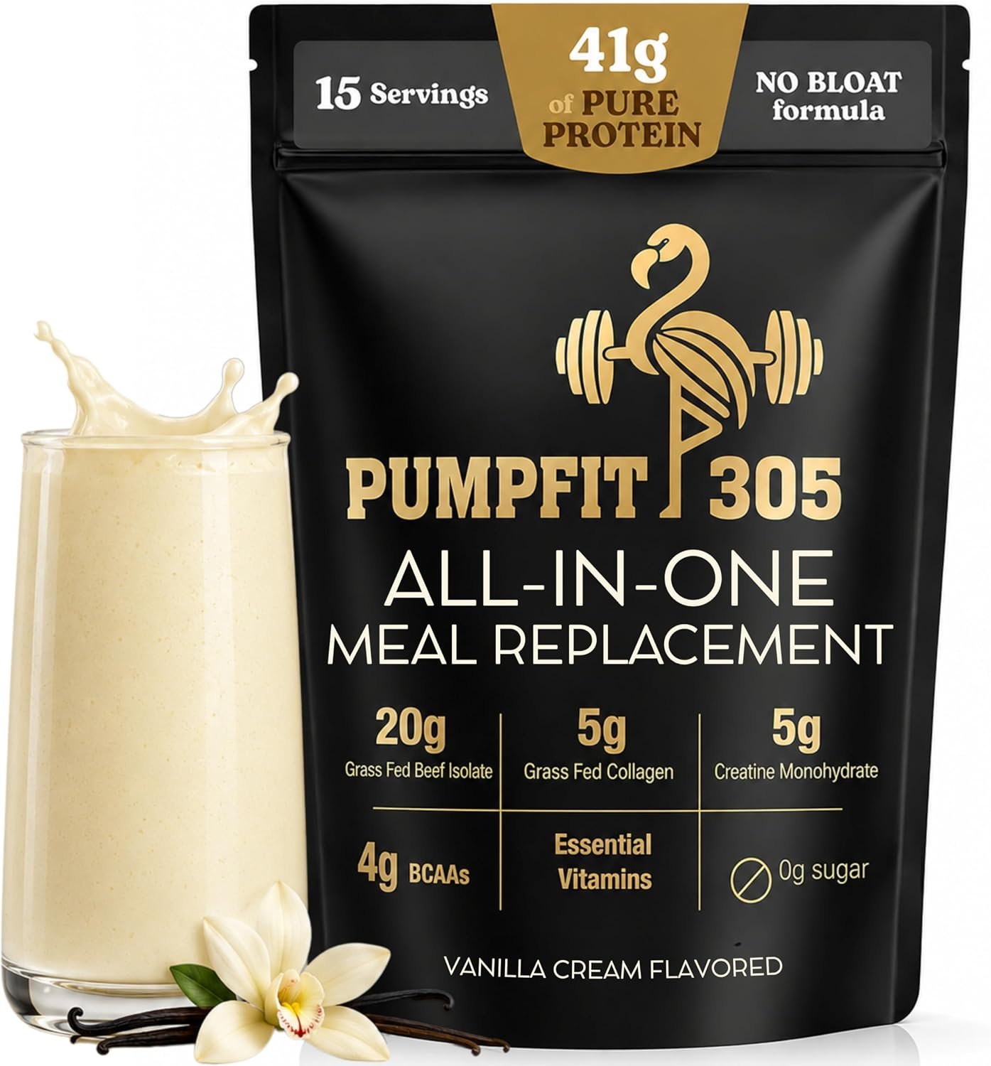 All-in-One Meal Replacement Shake Powder, 41g Grass-Fed Beef Protein + Creatine+ Collagen, BCAAs, Probiotics, Vitamins, Healthy Vanilla Protein Smoothie, 15 Servings