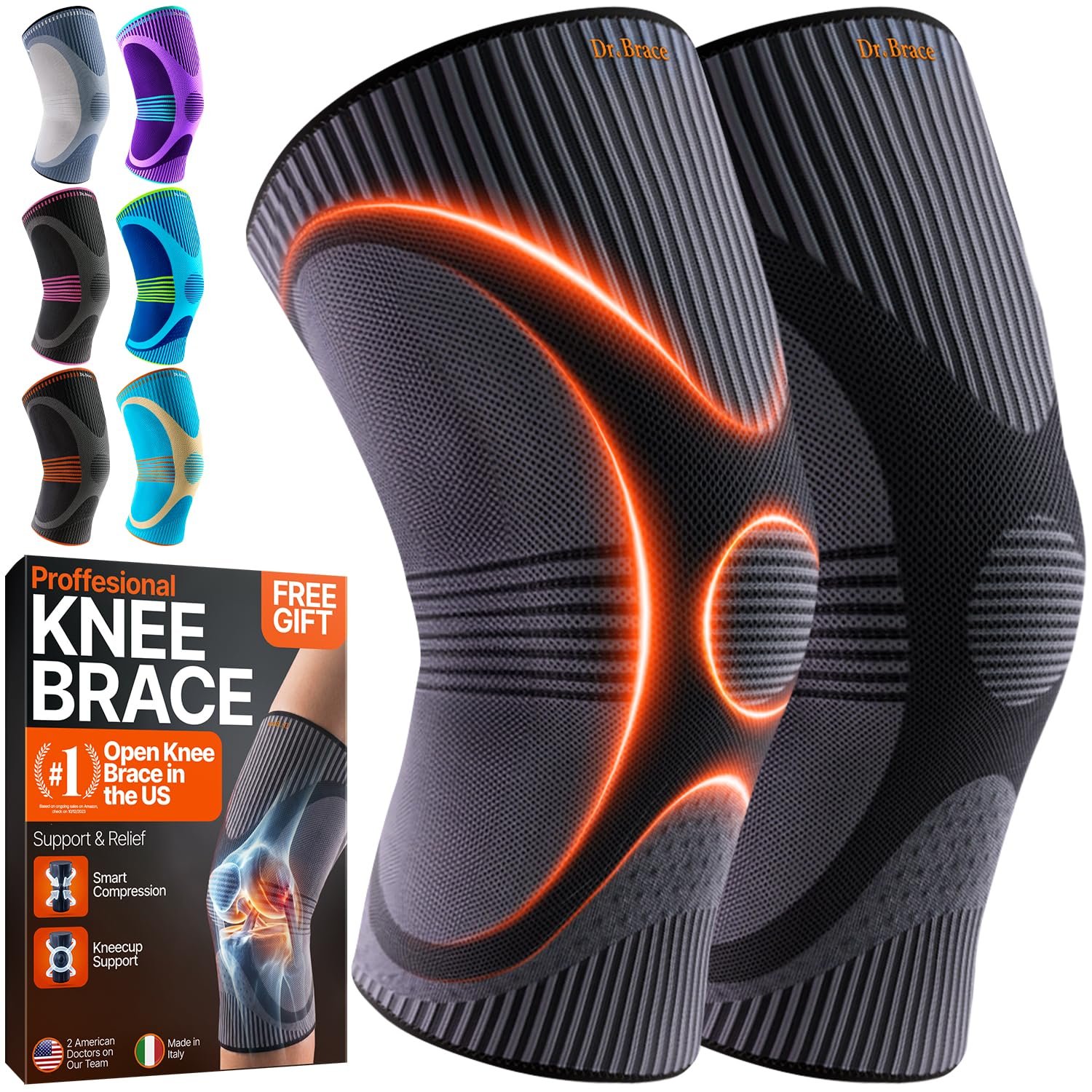 DR. BRACE Elite Compression Knee Brace for Women & Men, (2-Pack) Knee Support Compression Sleeve, Workout Sports Knee Braces for Meniscus Tear, ACL & Arthritis Pain Relief – Check Size Guide Video (Pluto, Large)