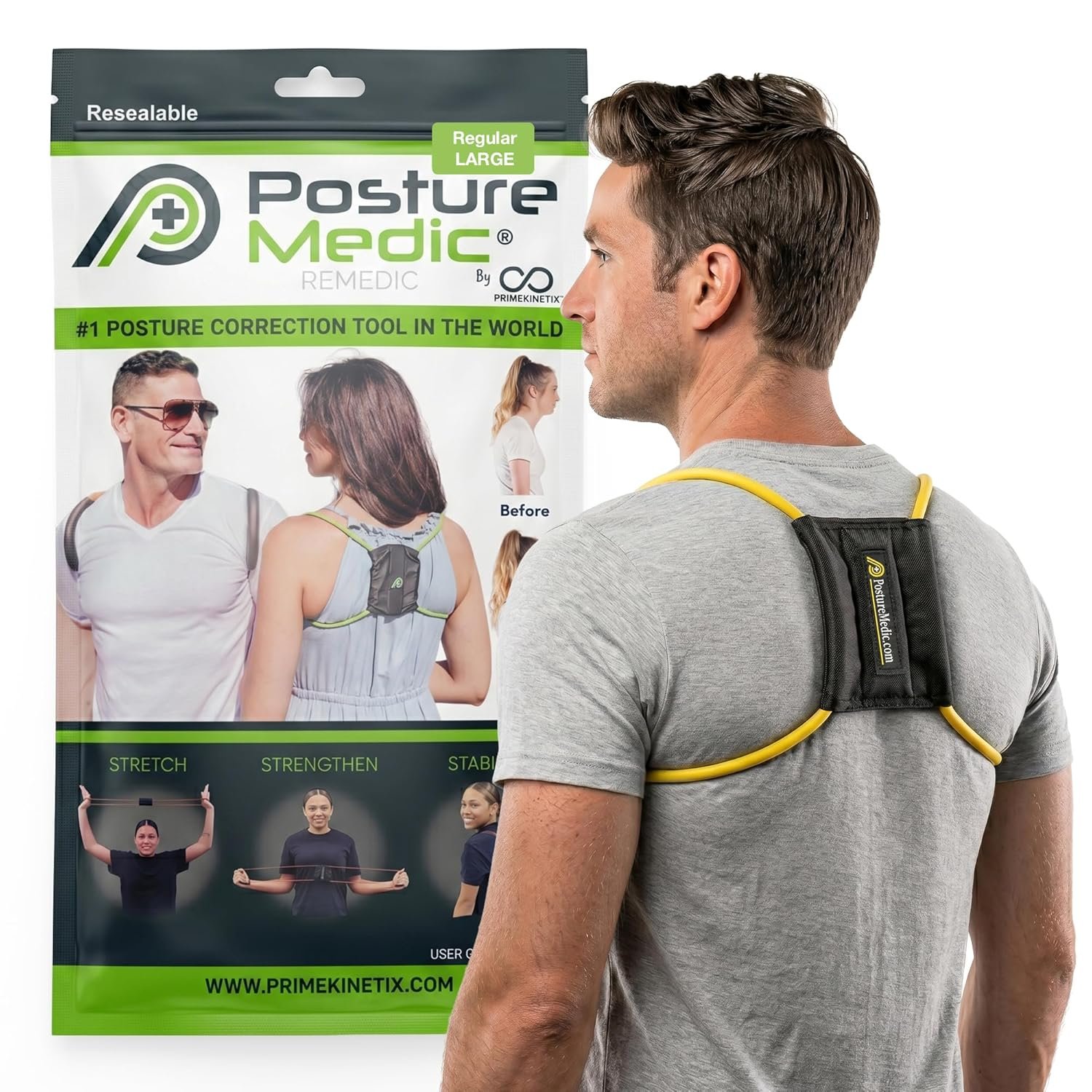 PostureMedic Original Strength Dynamic Posture Corrector for Men & Women – Active Resistance Training System for Back, Neck & Shoulder Pain Relief – Strengthen Muscles & Improve Alignment – Size L (Yellow)