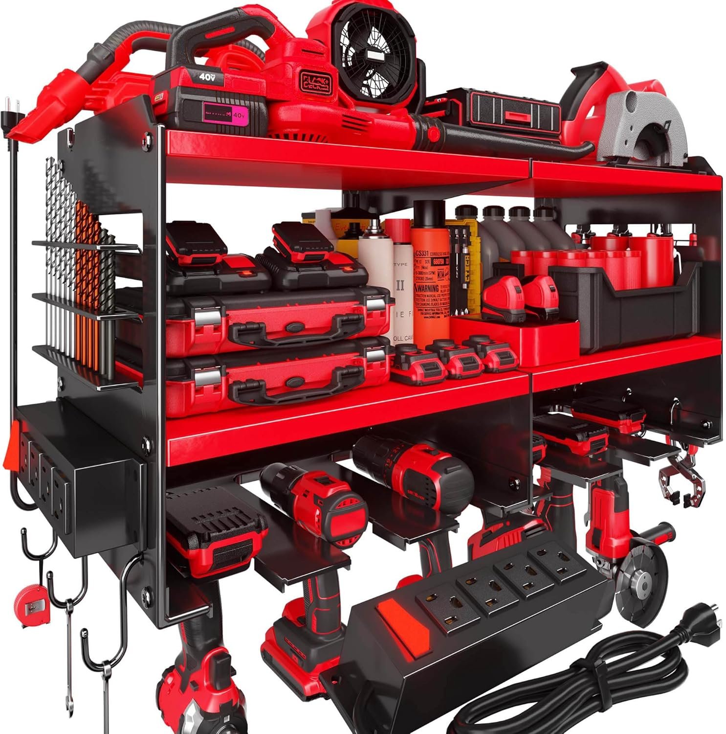 Spampur Fathers Day Gift – Power Tool Organizer Wall Mount with Charging Station, 420 lb Capacity 3-Tier Storage Rack Holds 6 Drills, Side Slots for Screwdrivers & Bits, Garage Storage for Men Gifts