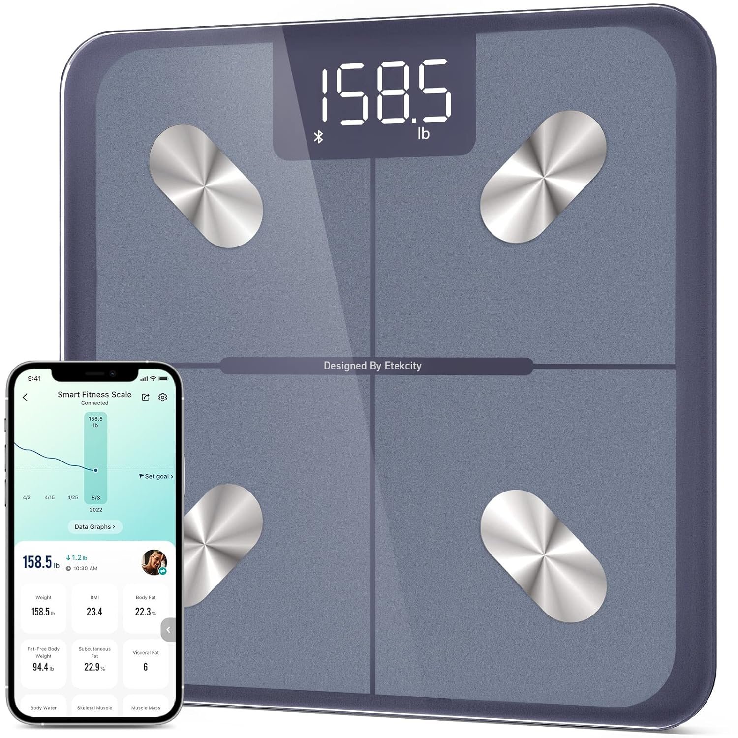 Etekcity Smart Scale for Body Weight and Fat Percentage, Digital Bathroom Accurate Weighing Machine for People’s BMI Muscle, Bluetooth Electronic Body Composition Monitor Syncs with App, 400lb