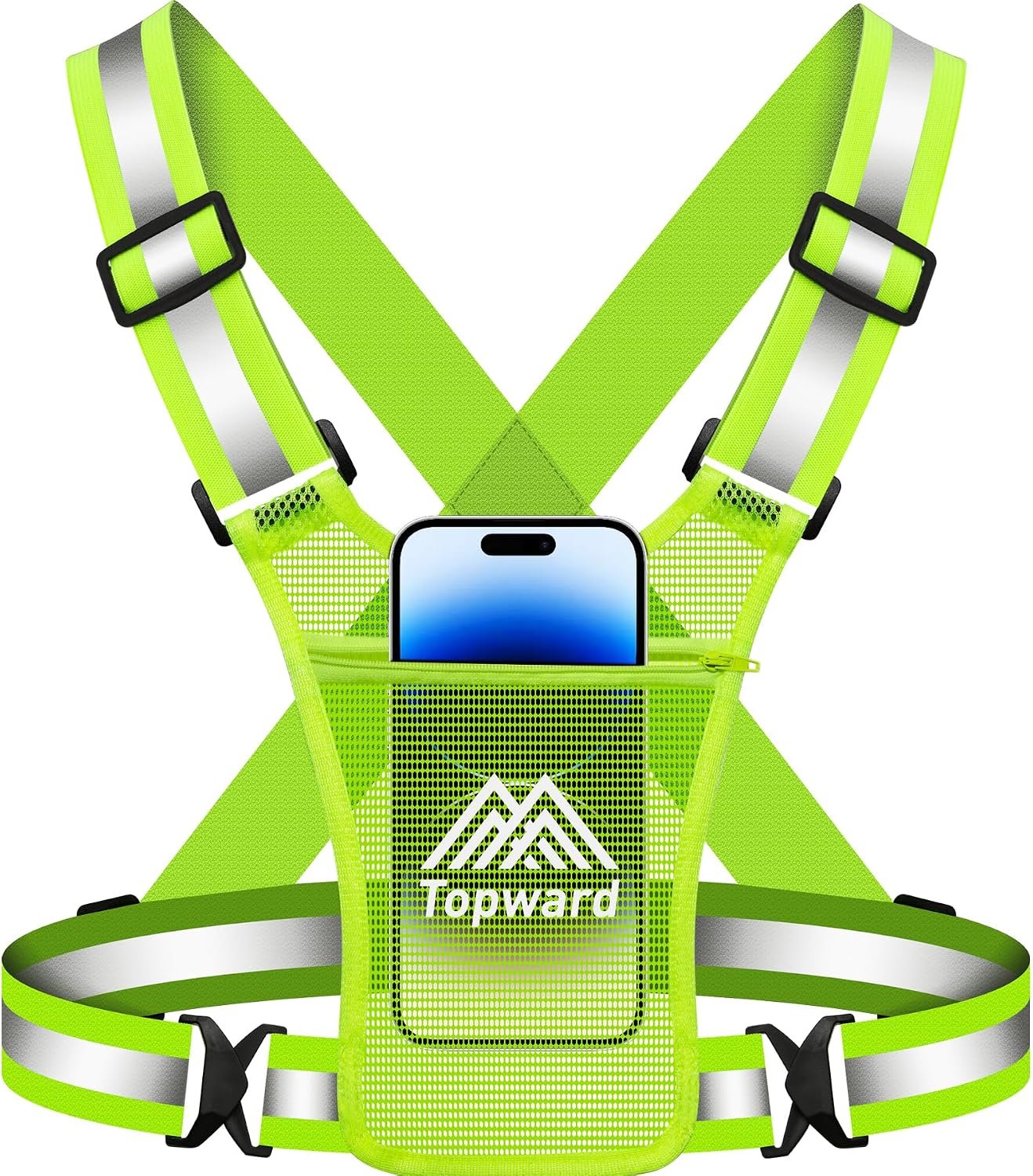 Topward Running Vest Chest Phone Holder for Women Men, Reflective Vest Safety Gear for Dog Walking Cycling – Adjustable Waist/Shoulder