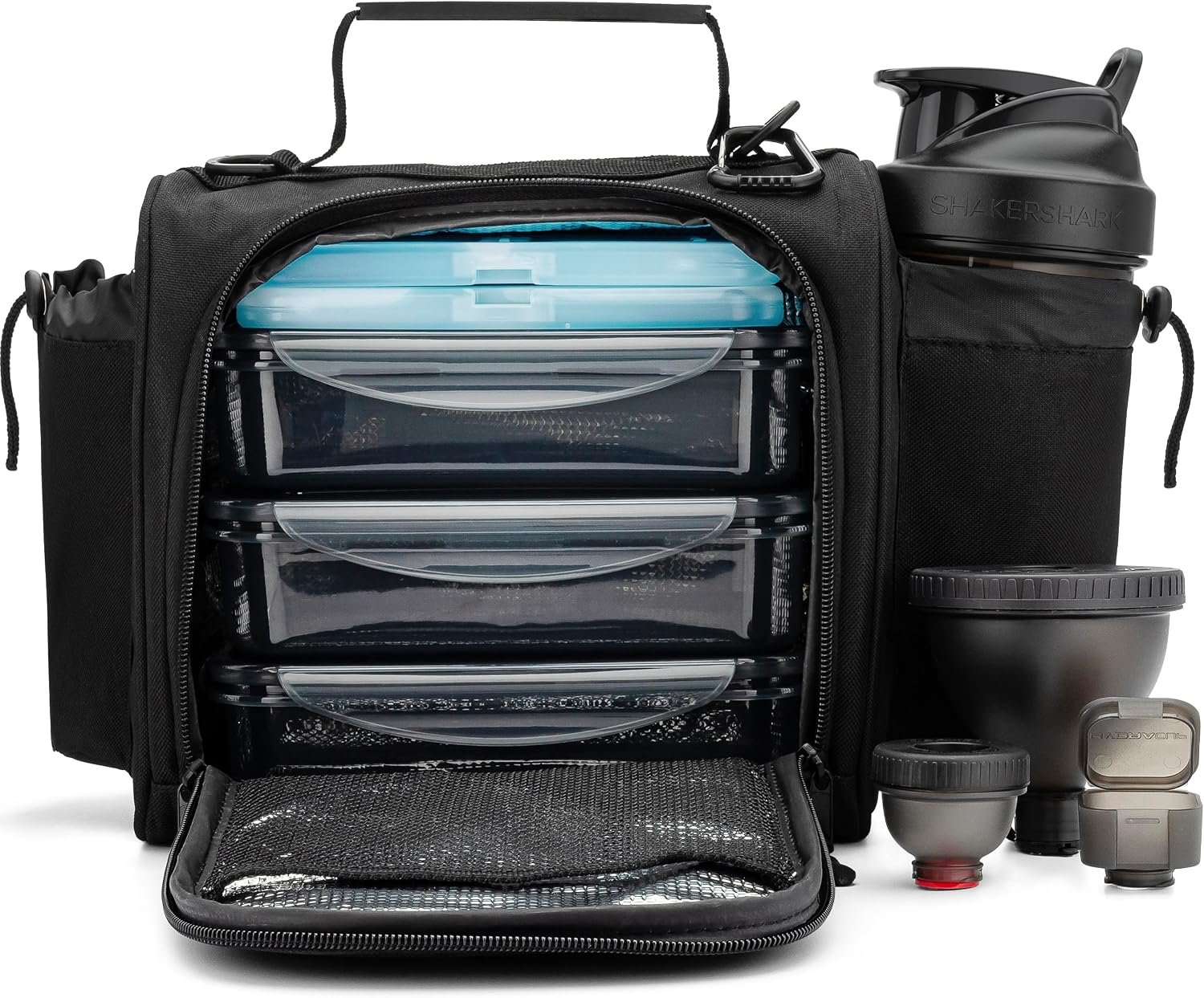 Hydra Cup Meal Prep Bag, Lunch Bag with Containers Included, Insulated Lunch Box with Containers, Meal Prep Lunch Bag with Shaker Bottle, Ice Packs, Cup Holder & Trolley Sleeve