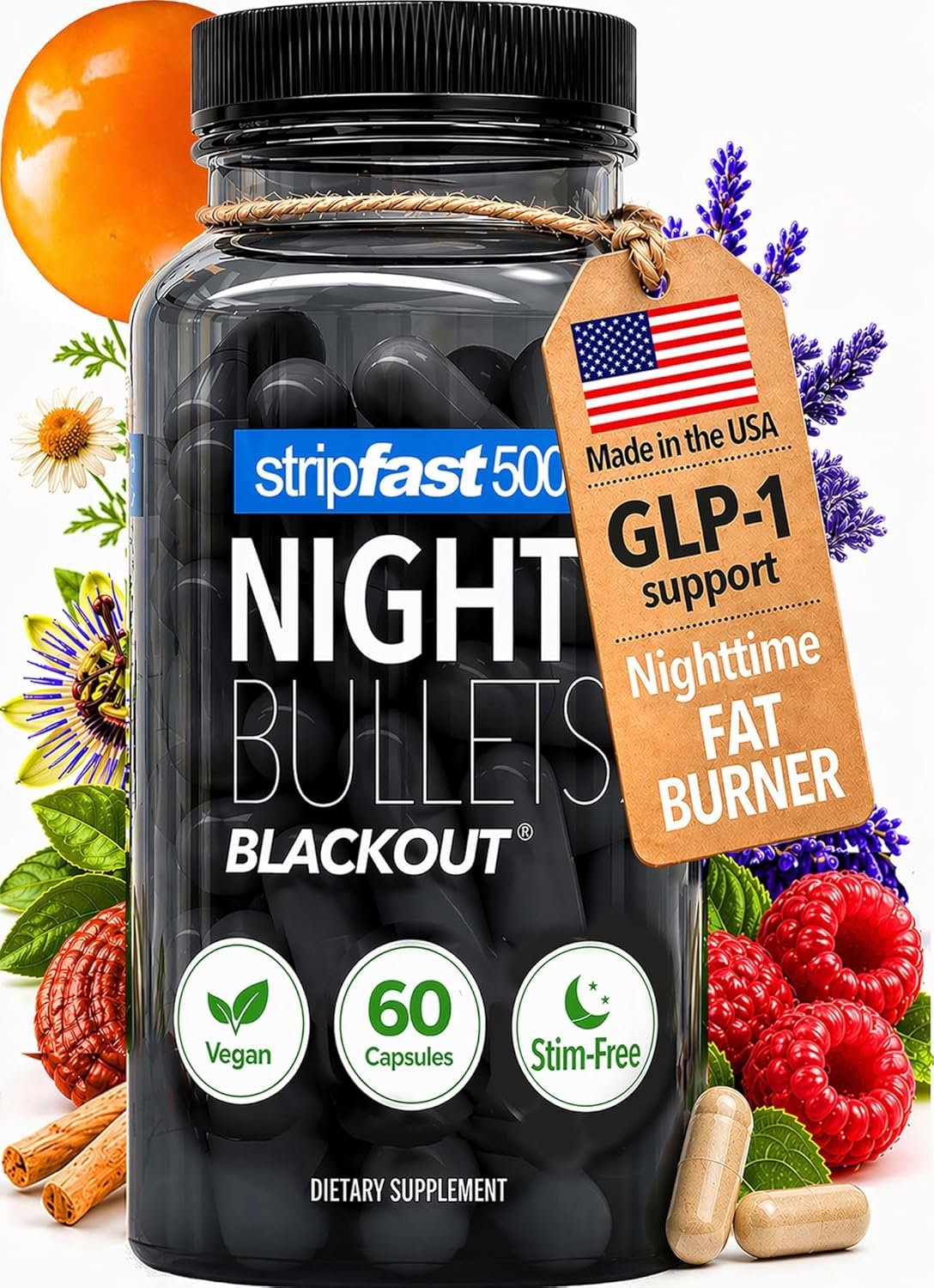Night Bullets Weight Loss Pills for Women & Men, Stim-Free Nighttime Fat Burner, GLP-1 Support, Appetite Suppressant, Diet Pills with Ashwagandha & CLA, 60 Capsules