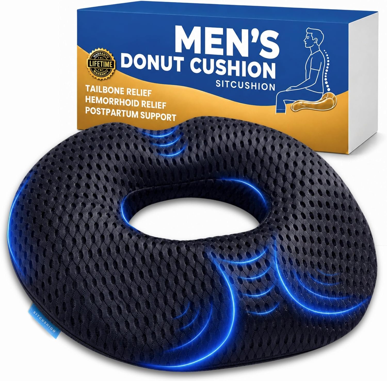 SitCushion Donut Pillow for Men, Hemorrhoid Cushion for Tailbone Pain Relief, Sciatica Pain Relief Pillow for Prostate, Office Chair Cushion for Long Sitting, Coccyx Cushion for Car (4D Black)