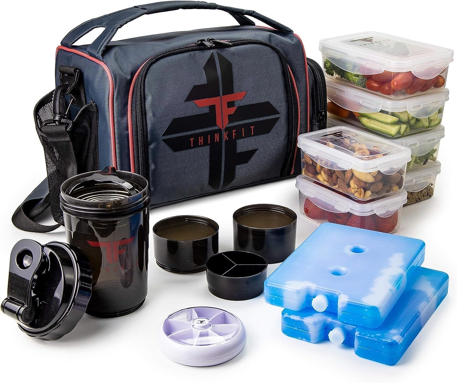 ThinkFit Red Reusable Lunch Bag with 6 Portion Control Containers, 2 XL Ice Packs, Pill Box, and Shoulder Strap – Microwavable and Freezer Safe