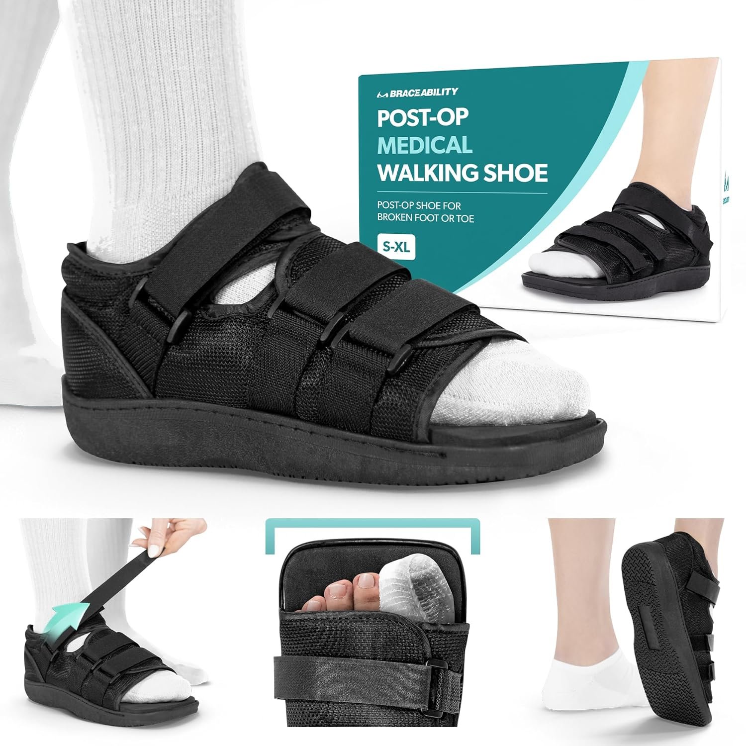 BraceAbility Post Op Shoe Foot Brace – Adjustable Orthopedic Medical Walking Boot for Broken Toe, Stress Fracture Injuries, Universal Cast Shoe for Men or Women After Foot Surgery Recovery (L – Male)