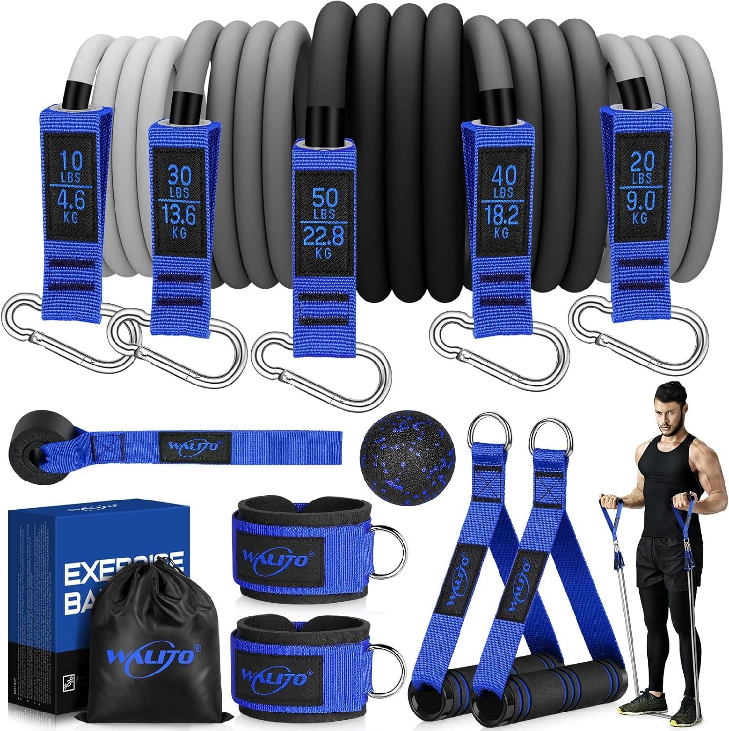 WALITO Resistance Bands Set – Exercise Bands with Handles, Door Anchor, Legs Ankle Straps, for Heavy Resistance Training, Physical Therapy, Muscle Training, Yoga, Home Workouts, Gym