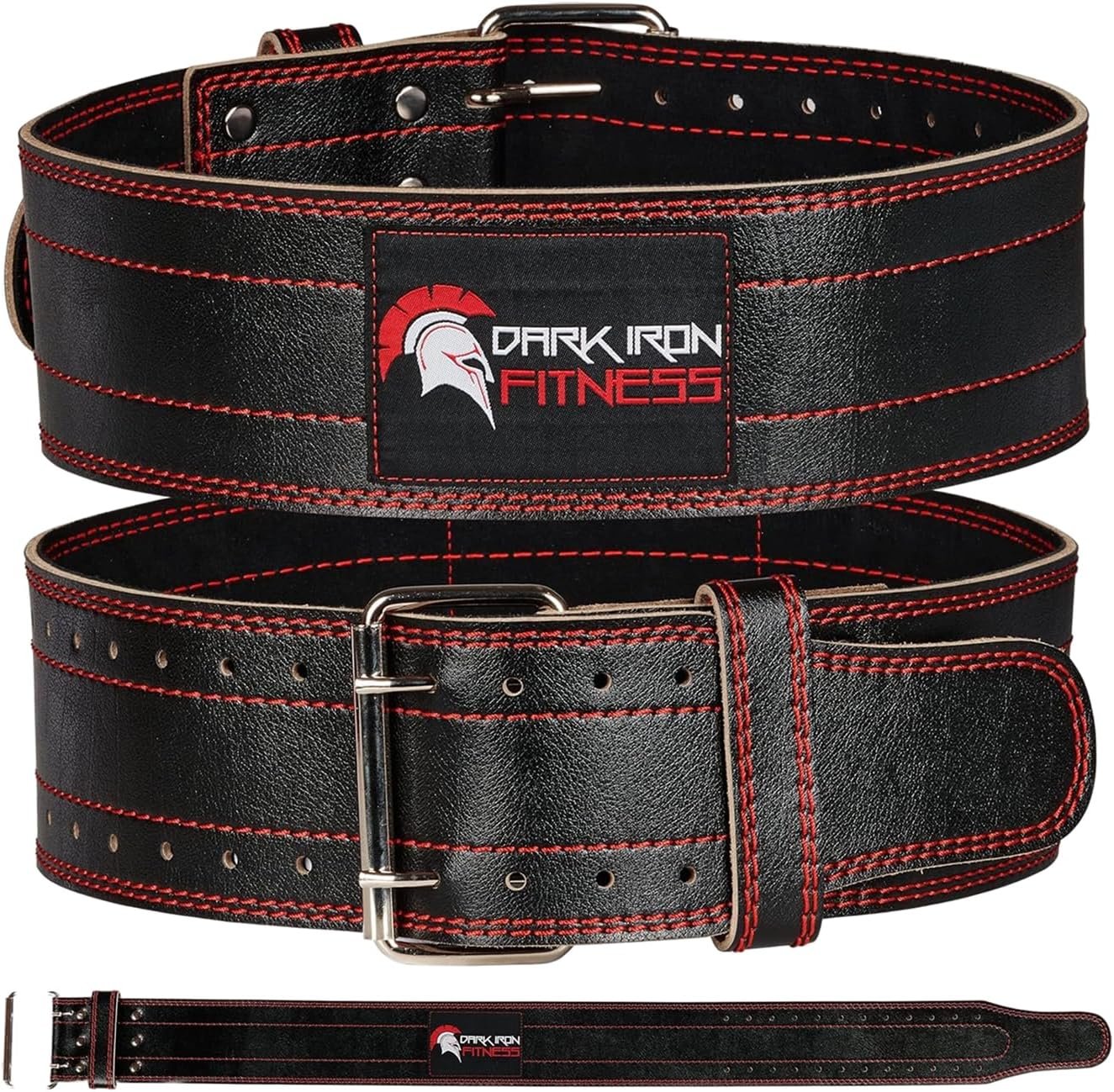 Dark Iron Fitness Genuine Leather Weightlifting Belt, 4 Inch Wide for Men Women with Double Prong Buckle Reinforced Stitching, Powerlifting Deadlift Squat Training Core Support Gym Strength Workout
