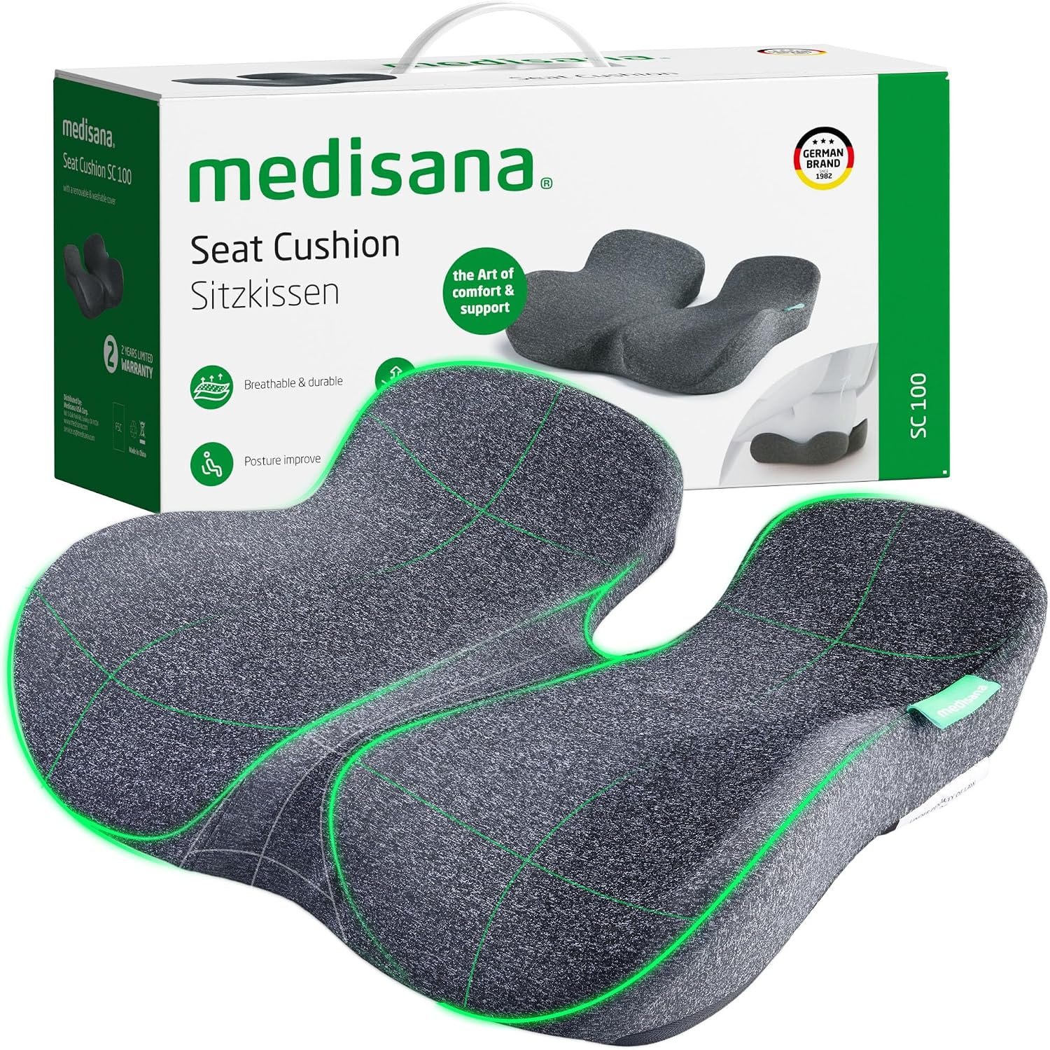 medisana Seat Cushion, SC 100 Seat Cushions for Office Chairs, Car Seat, Wheelchair – Sciatica & Tailbone & Coccyx Pain Relief Pillow for Driver Sedentary, Gift for Women Men(Size:18*14.6*3.54in-Grey)