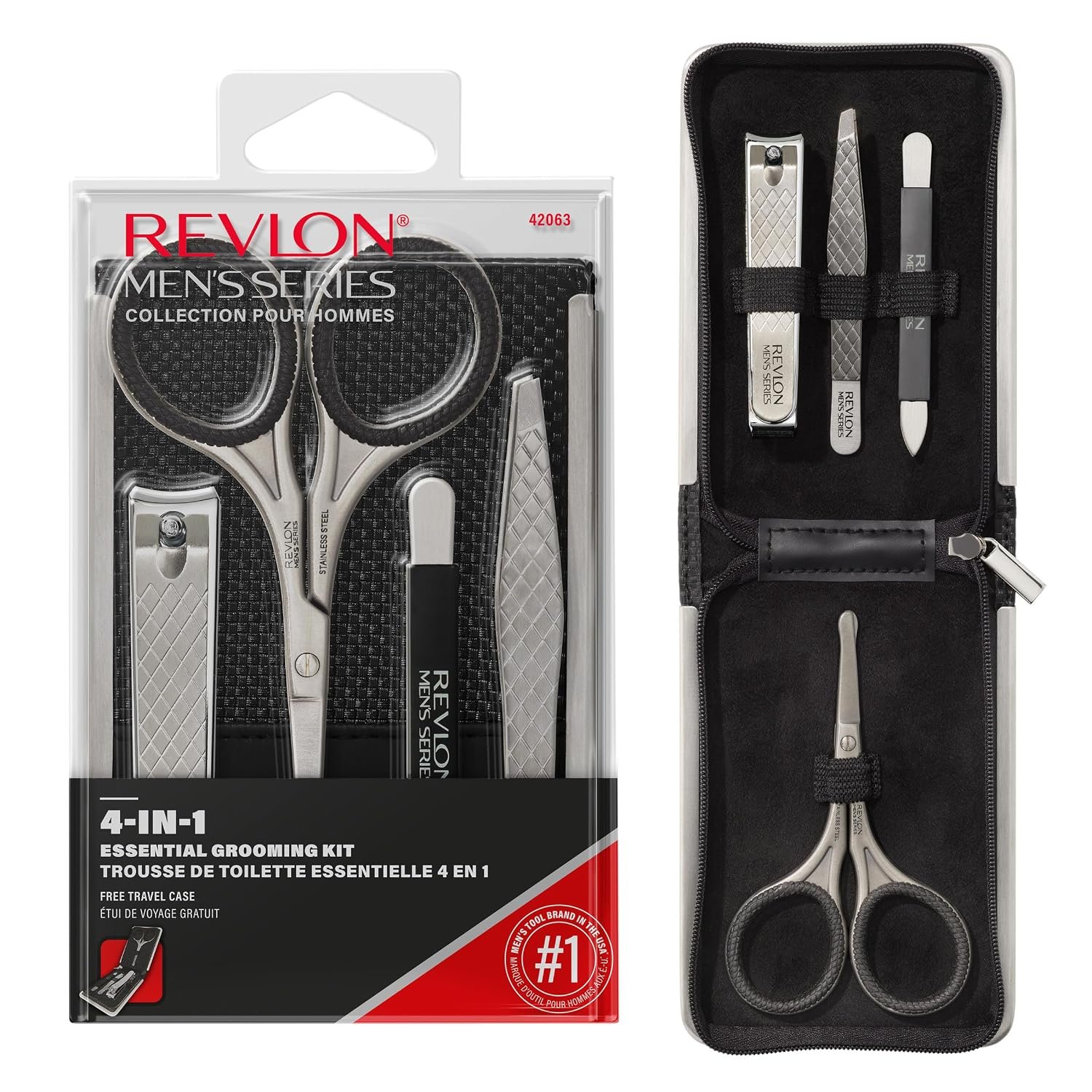 Revlon Men’s Grooming Kit, 5-Piece Travel Essentials Set, Includes Nail Clippers, Scissors, File, Tweezers and Carrying Case, Stainless Steel, 1 count