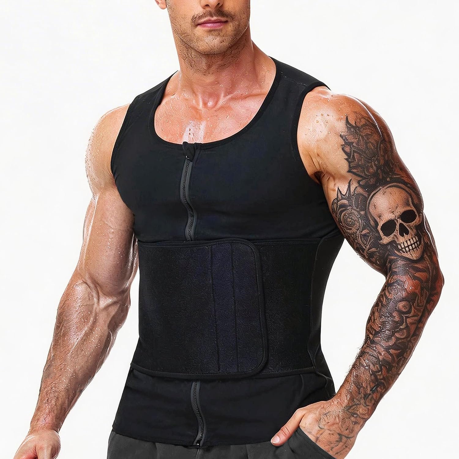 Waist Trainer Sauna Shirt Suit For Men Sweat Compression Workout Vest Body Shaper Zipper Tank Top Belt Belly Fat