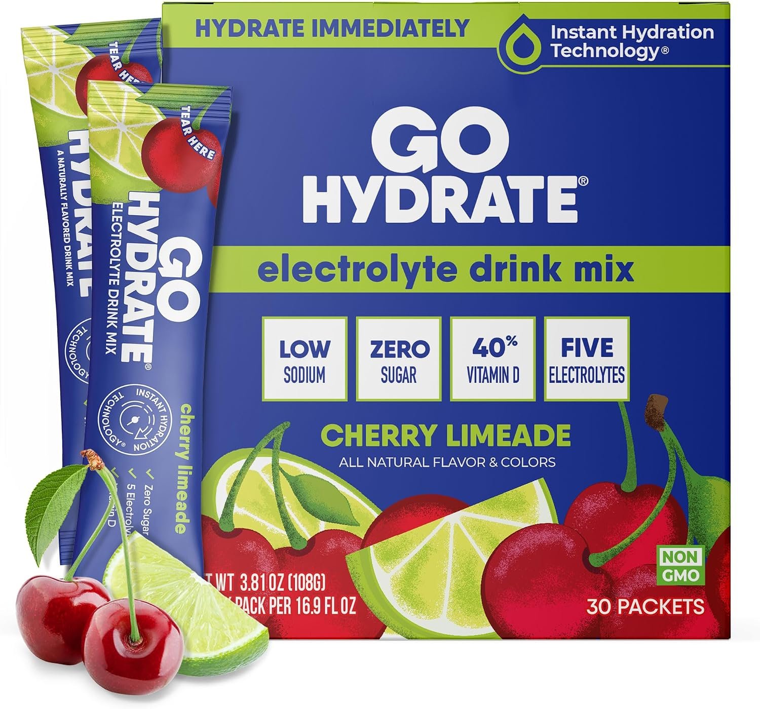 GoHydrate Low Sodium Electrolytes Powder Packets Sugar Free – Instant Hydration Daily Drink Mix – Zero Sugar Water Flavor Packet Singles with Vitamin D – (Cherry Limeade, 30 Packs)