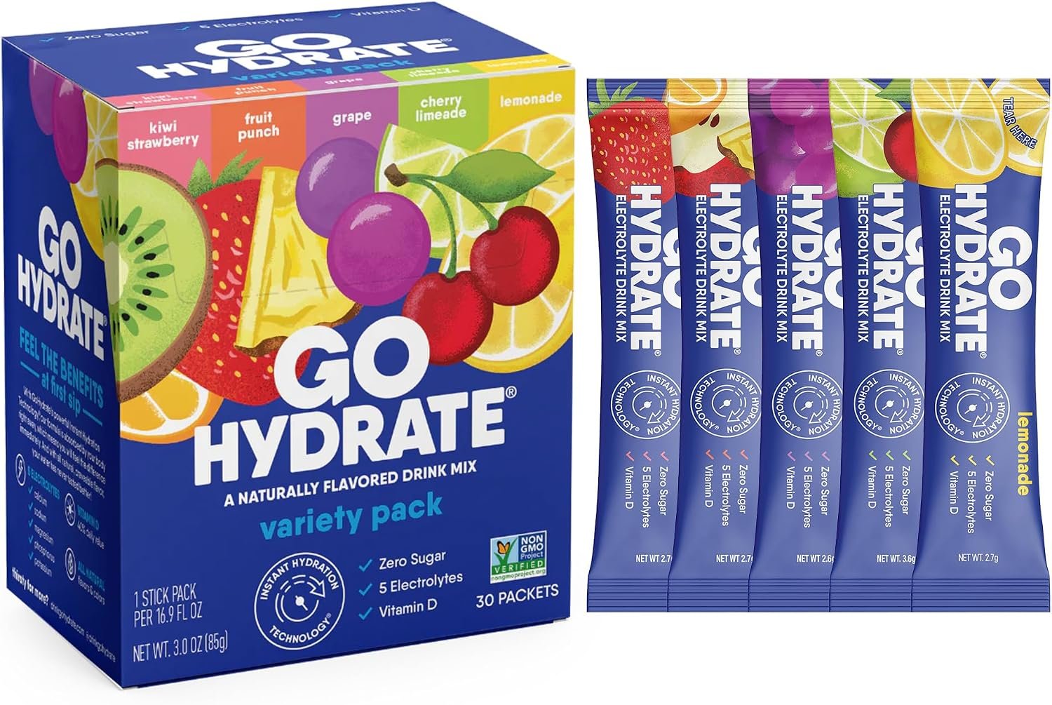 GoHydrate Low Sodium Electrolytes Powder Packets Sugar Free – Instant Hydration Daily Drink Mix – Zero Sugar Water Flavor Packet Singles with Vitamin D – (Variety Pack, 30 Packs)